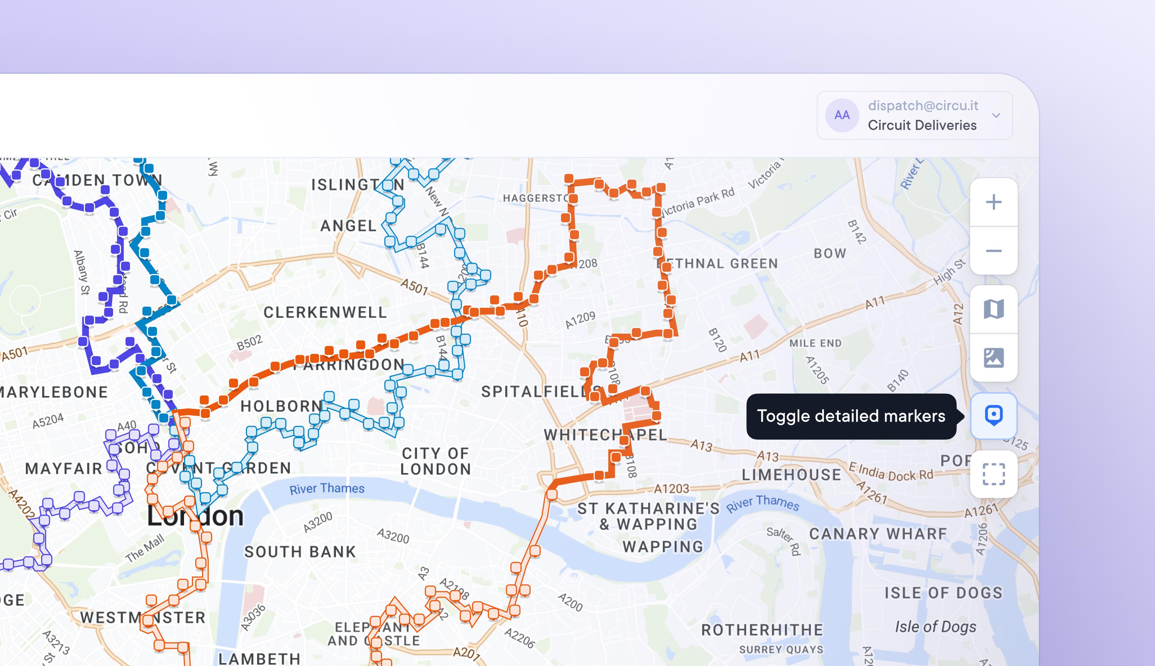 Improved map visibility of multiple routes with simplified stop markers