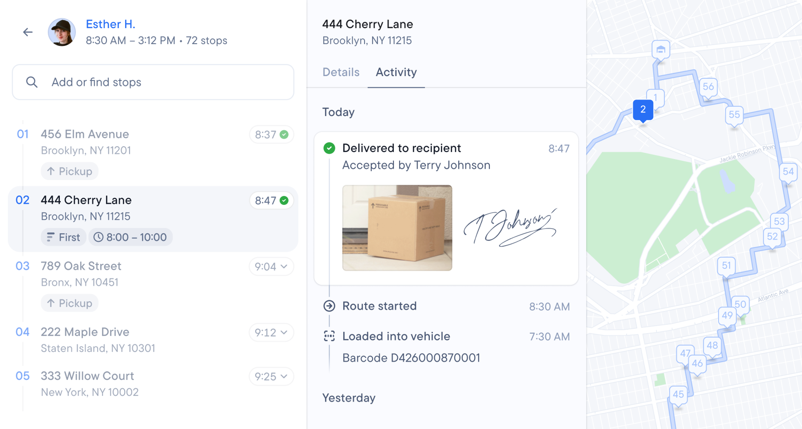 Spoke Dispatch showing a list of stops, activity details for a delivered package with a signature, and a map of the route.