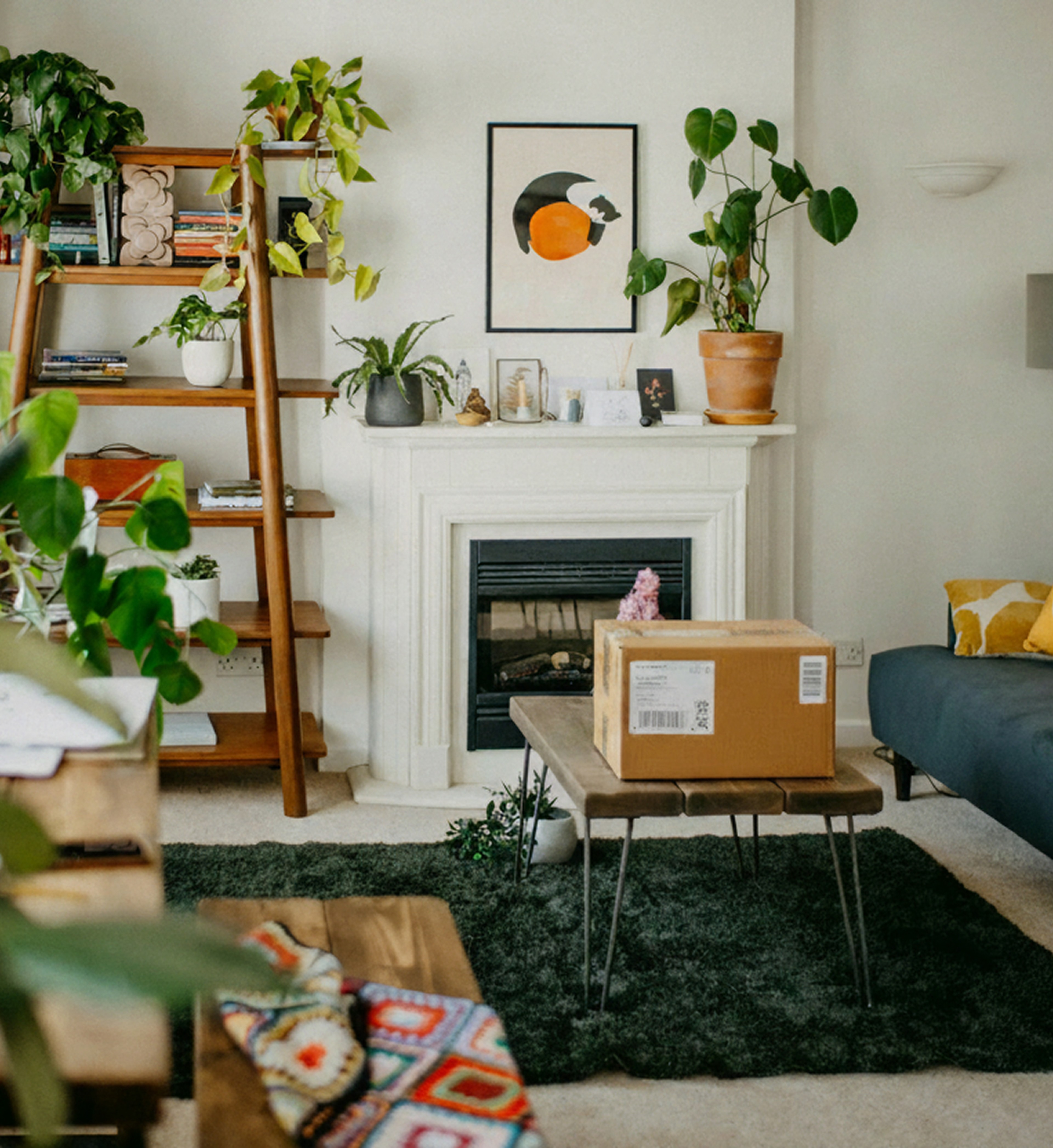 A plant-filled living room with a blue sofa, fireplace, and a package on a coffee table.