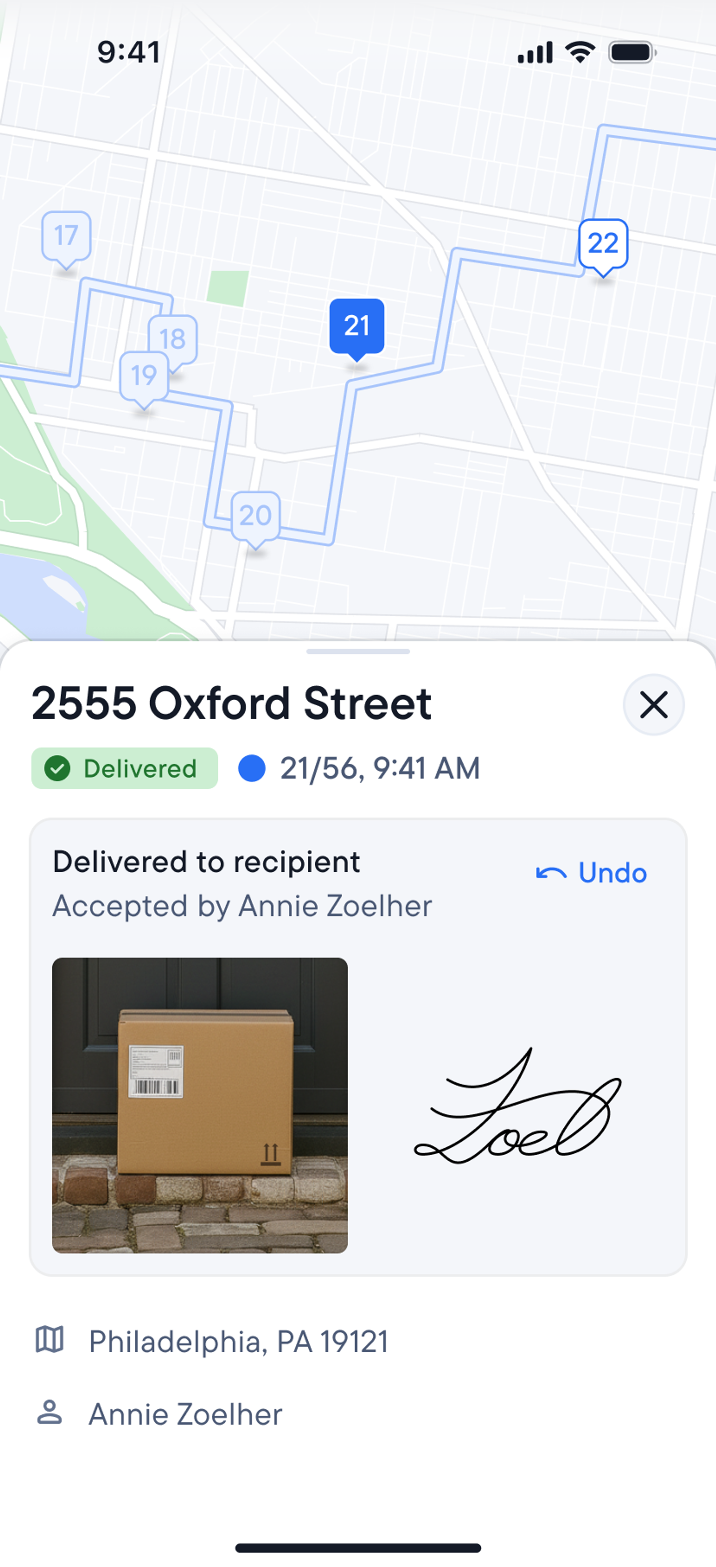Spoke Route Planner delivery confirmation showing a map route, a photo of a package on a doorstep, and Annie Zoelher's signature for 2555 Oxford Street.