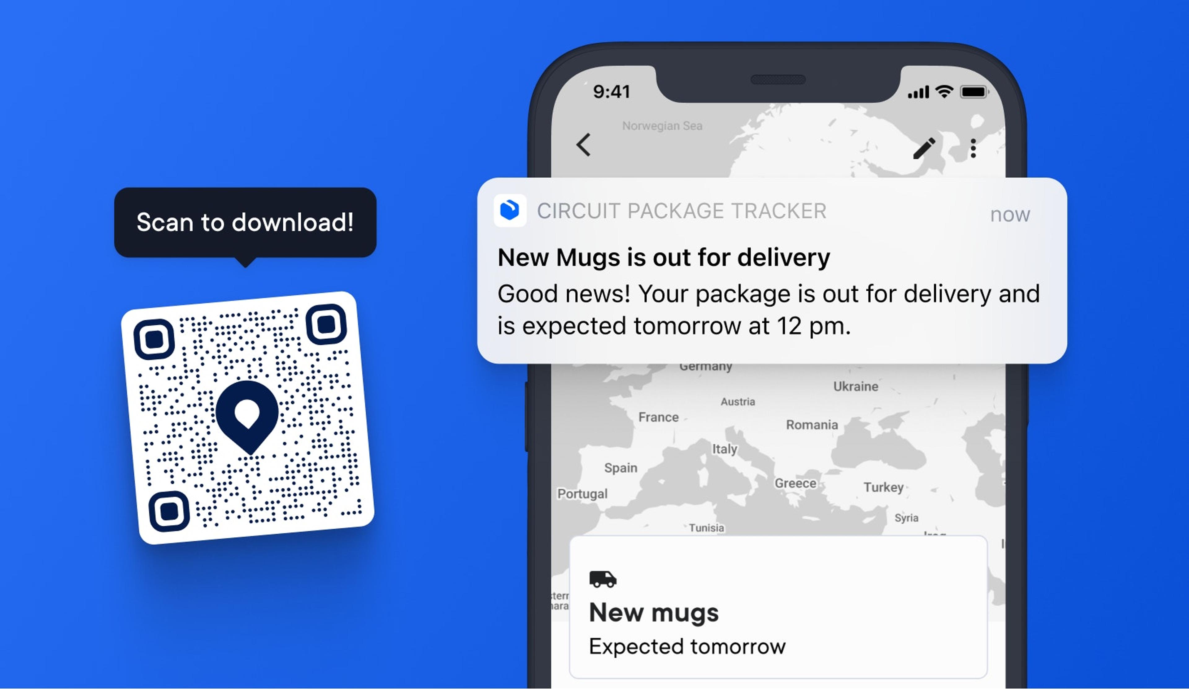 Best package tracking app 2022: Spoke Package Tracker app screenshot. There is a QR code on the left side of the phone which, when scanned, redirects the user to the app store to download the app.