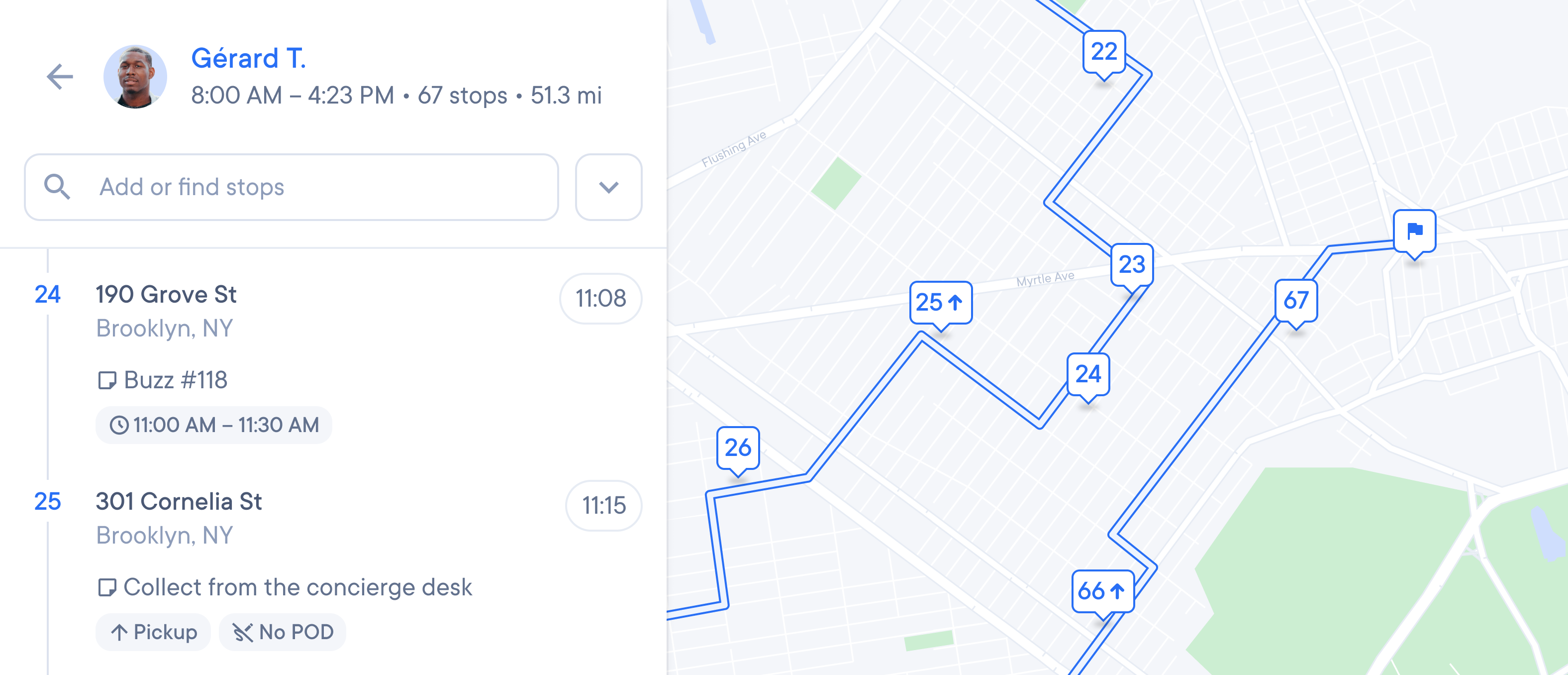 courier dashboard showing drivers route with a map