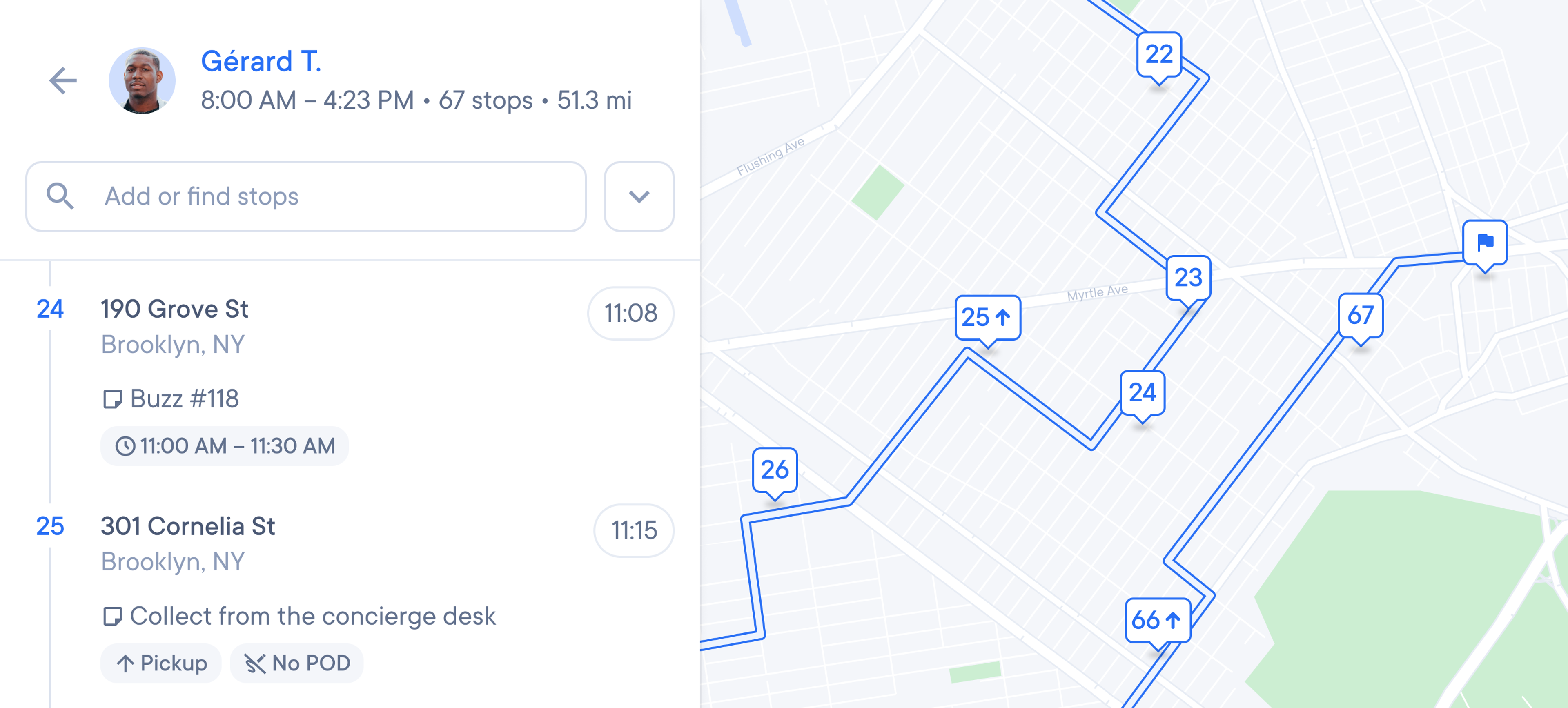 courier dashboard showing drivers route with a map