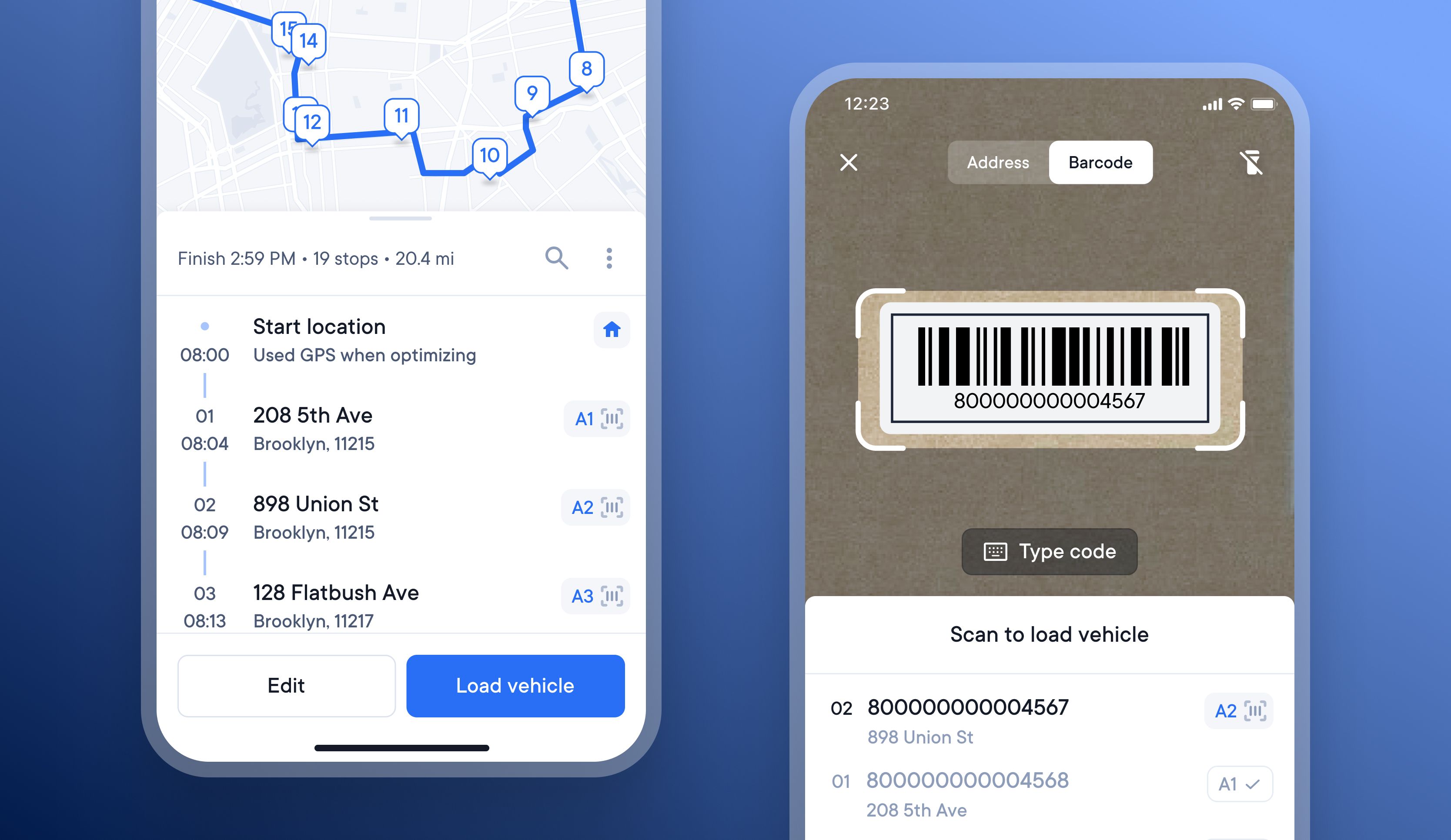 Two mobile app screens, one showing a delivery route map and stops, the other a barcode scanner for loading items.