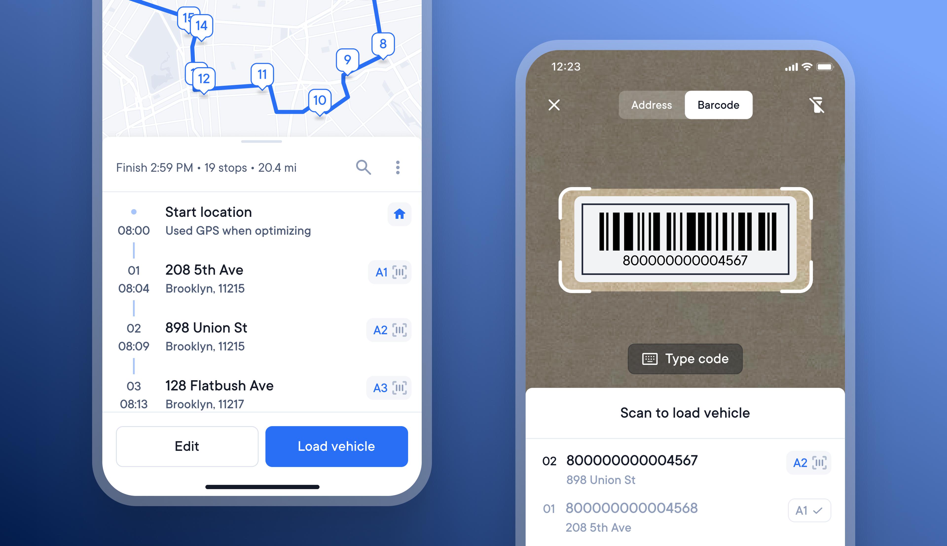 Two mobile app screens, one showing a delivery route map and stops, the other a barcode scanner for loading items.