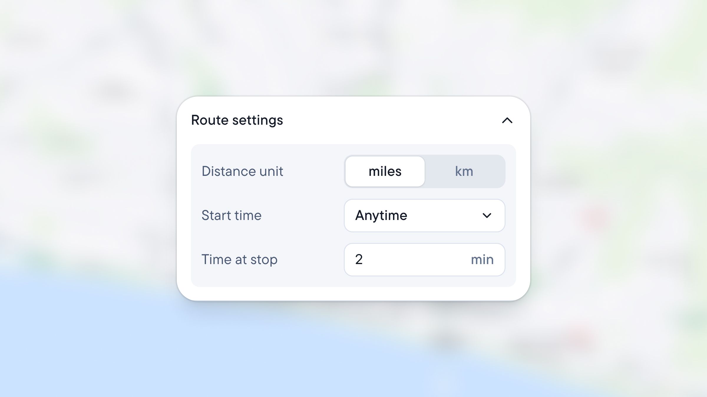Route settings dialog box with options for distance unit (miles selected), start time (Anytime), and time at stop (2 min).