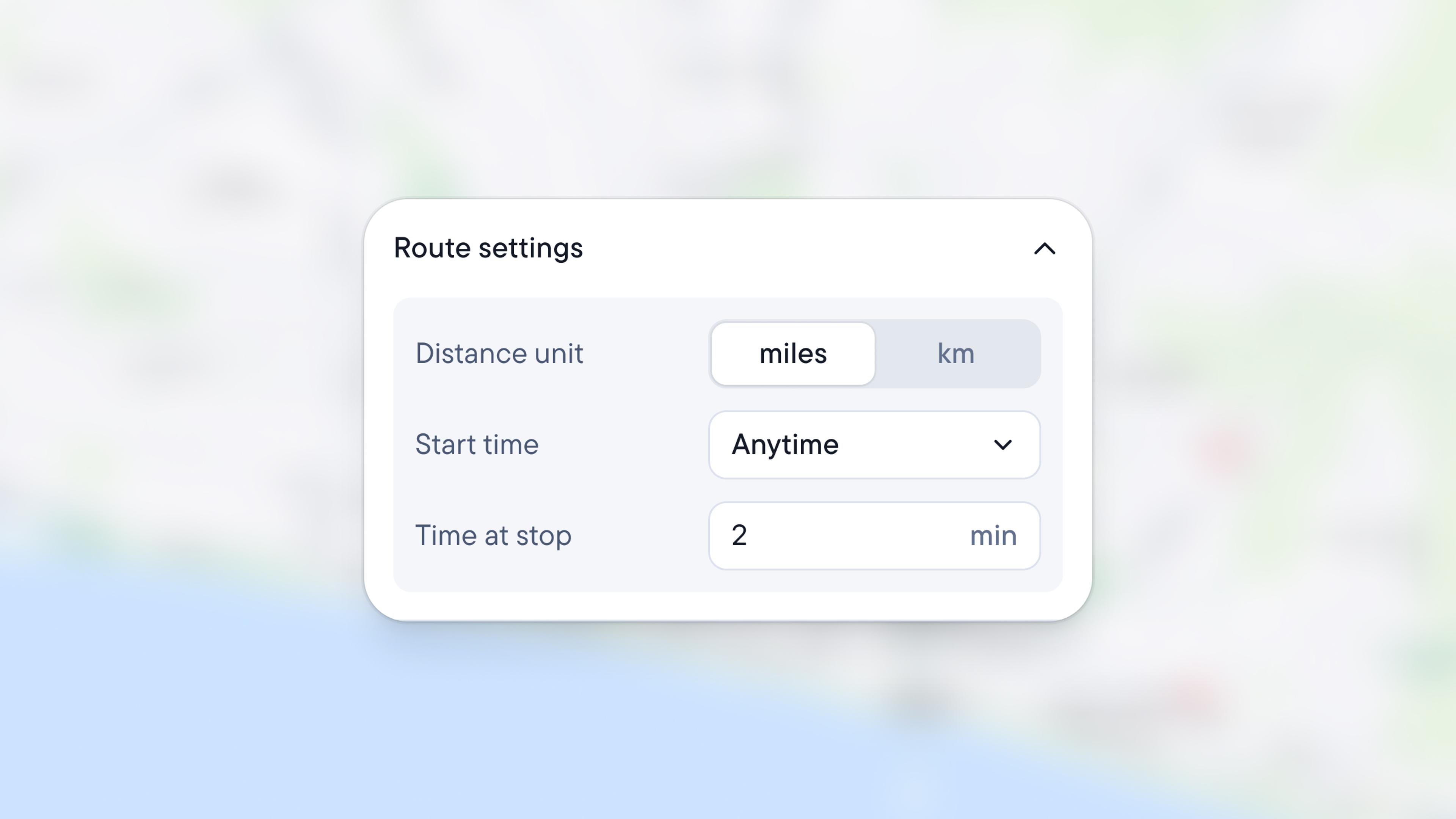 Route settings dialog box with options for distance unit (miles selected), start time (Anytime), and time at stop (2 min).