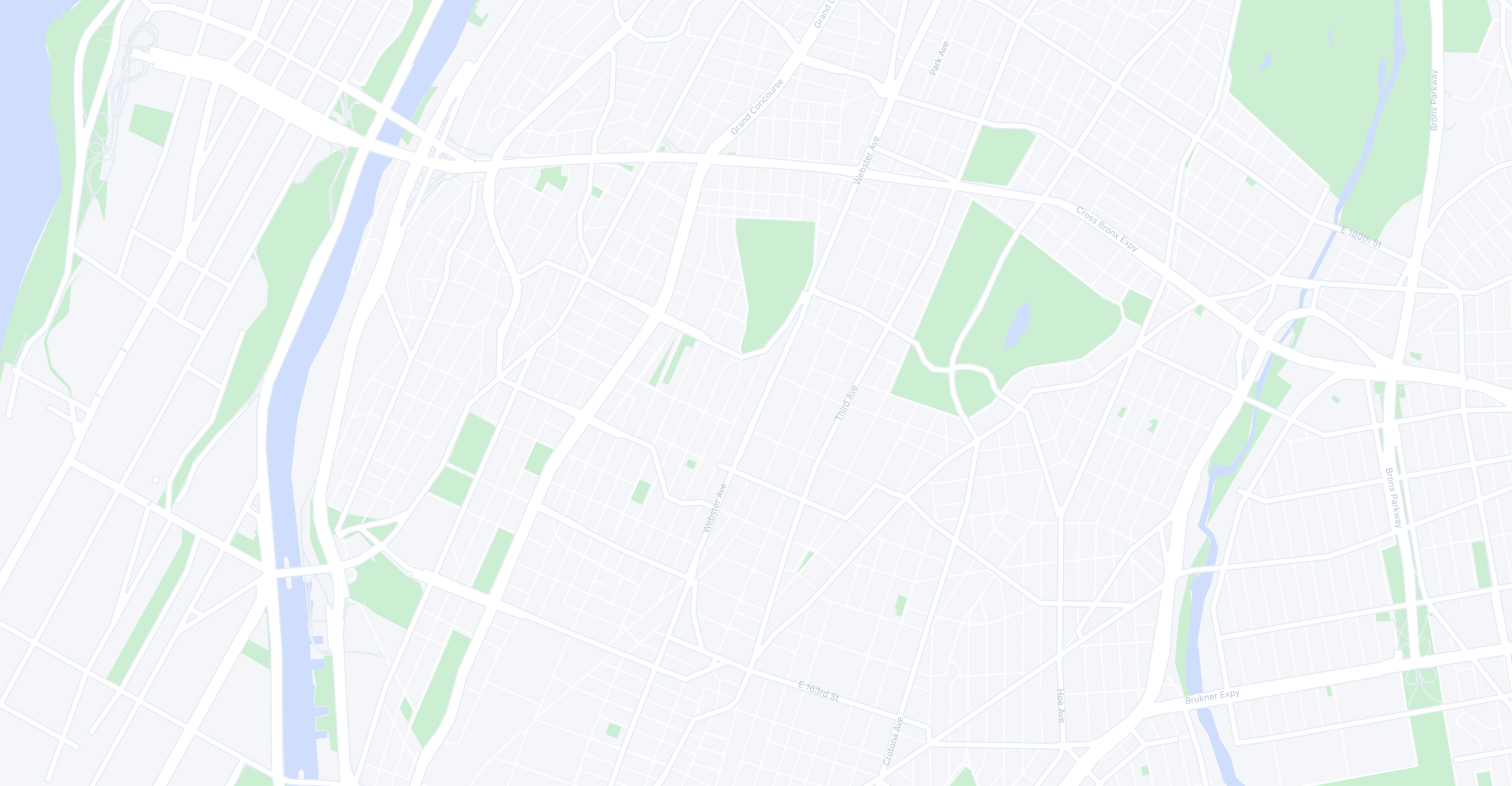 Minimalist map with light grey streets, green parks and a river.