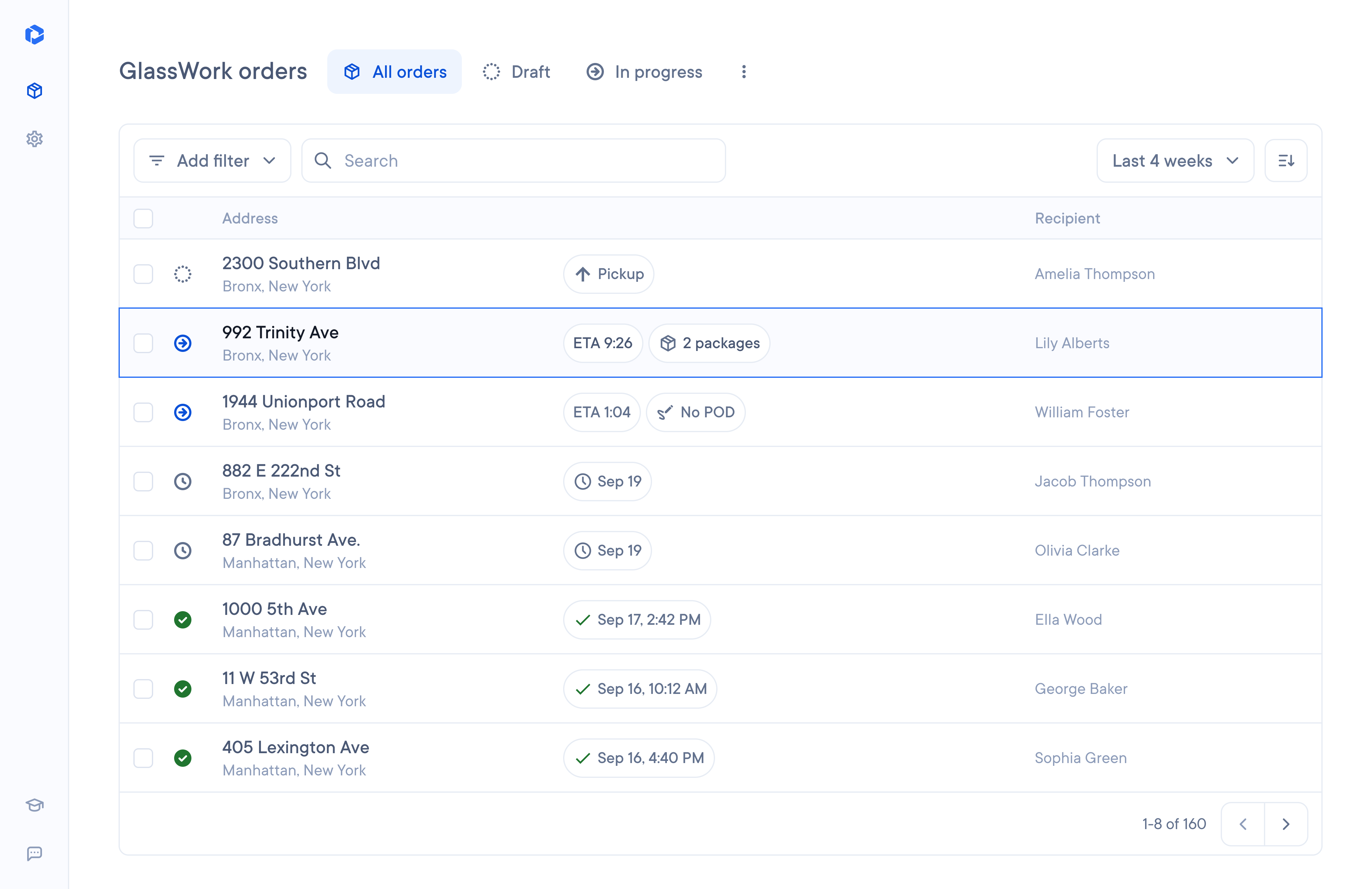 Orders management interface displaying a list of orders, with one order highlighted.