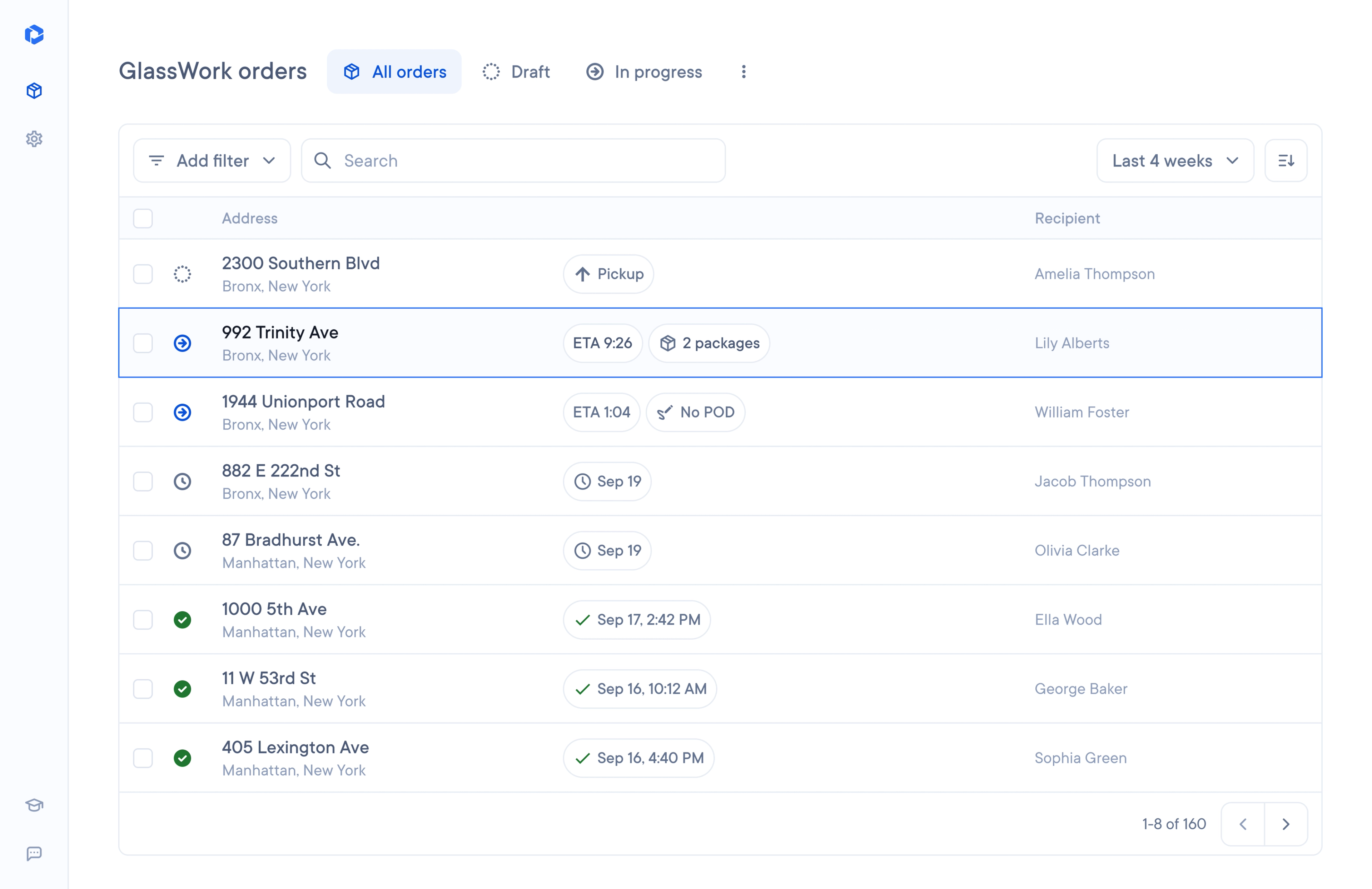 Orders management interface displaying a list of orders, with one order highlighted.