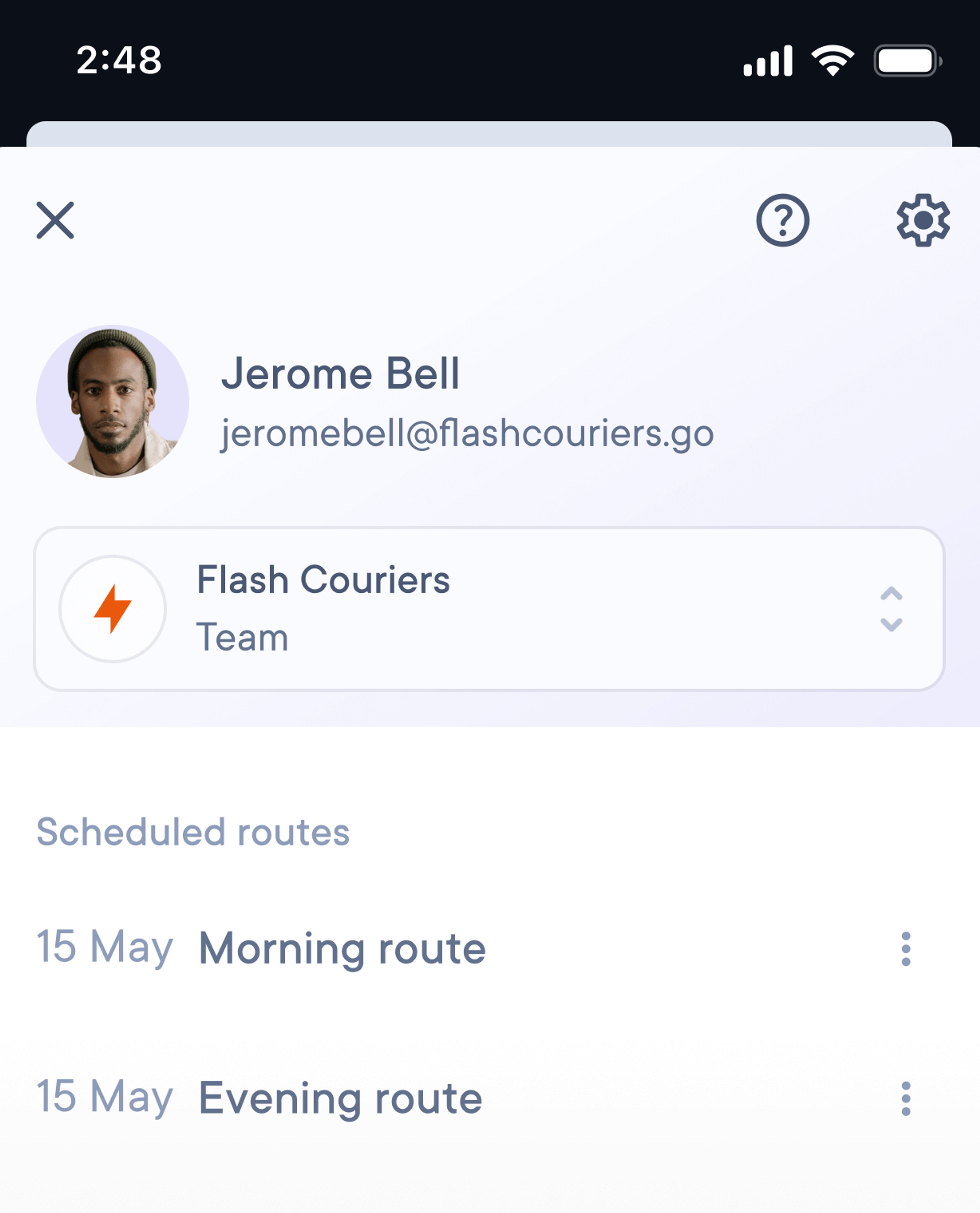 Mobile profile screen of driver Jerome Bell from Flash Couriers, showing email, team info, and scheduled morning and evening delivery routes for May 15.