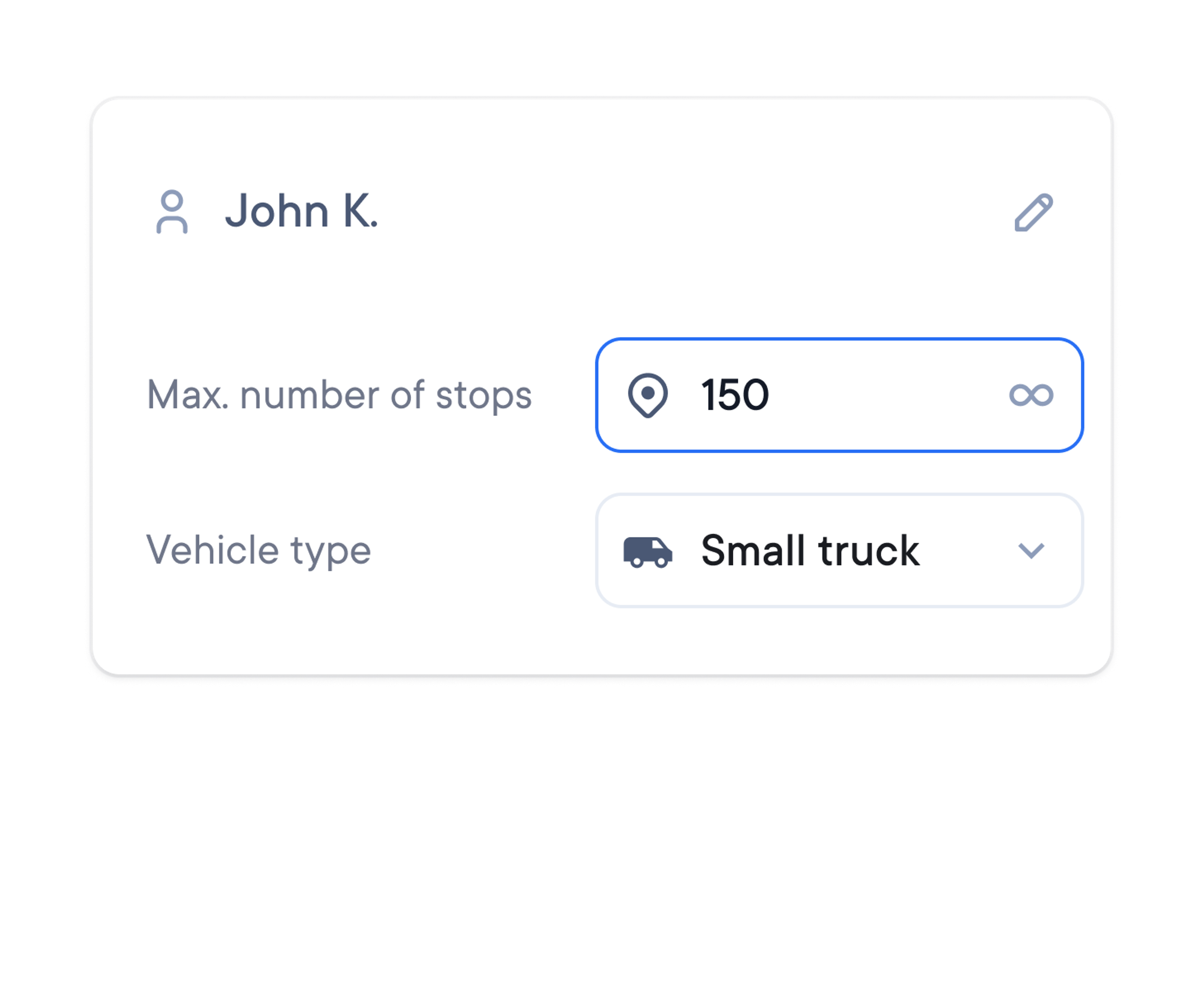 Driver profile settings interface for ‘John K.’ showing a maximum number of 150 stops and selected vehicle type as ‘Small truck.’