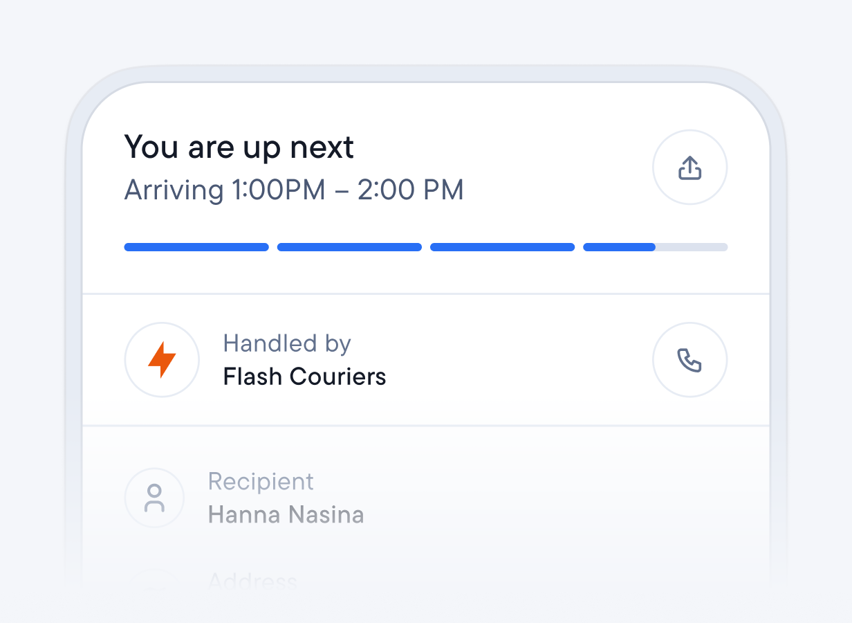 Recipient tracking page showing the delivery is up next and handled by Flash Couriers