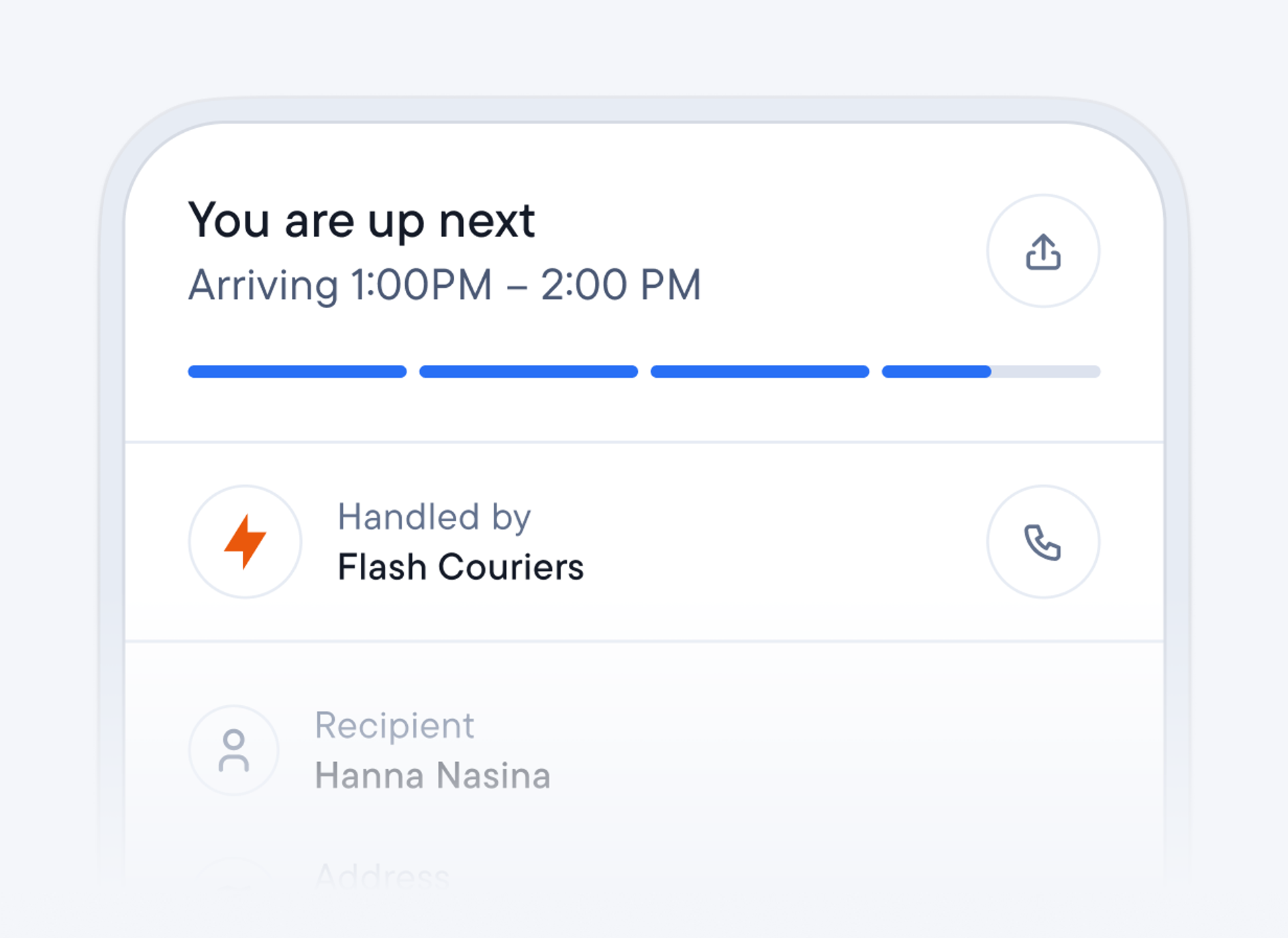 Recipient tracking page showing the delivery is up next and handled by Flash Couriers