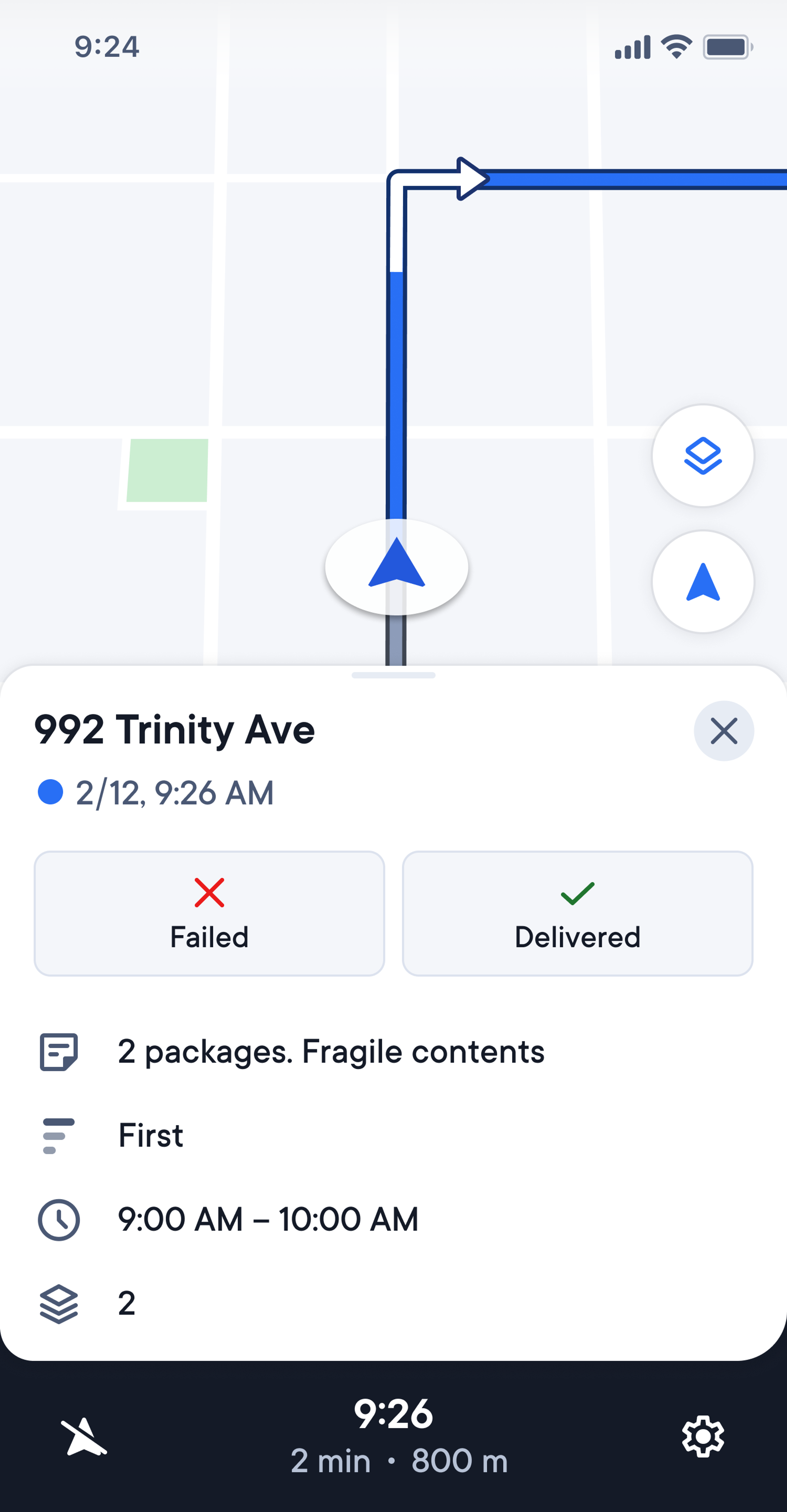 A mobile app displays a delivery route on a map, with a card showing details for 992 Trinity Ave, options to mark delivery as 'Failed' or 'Delivered', and notes about 2 fragile packages.