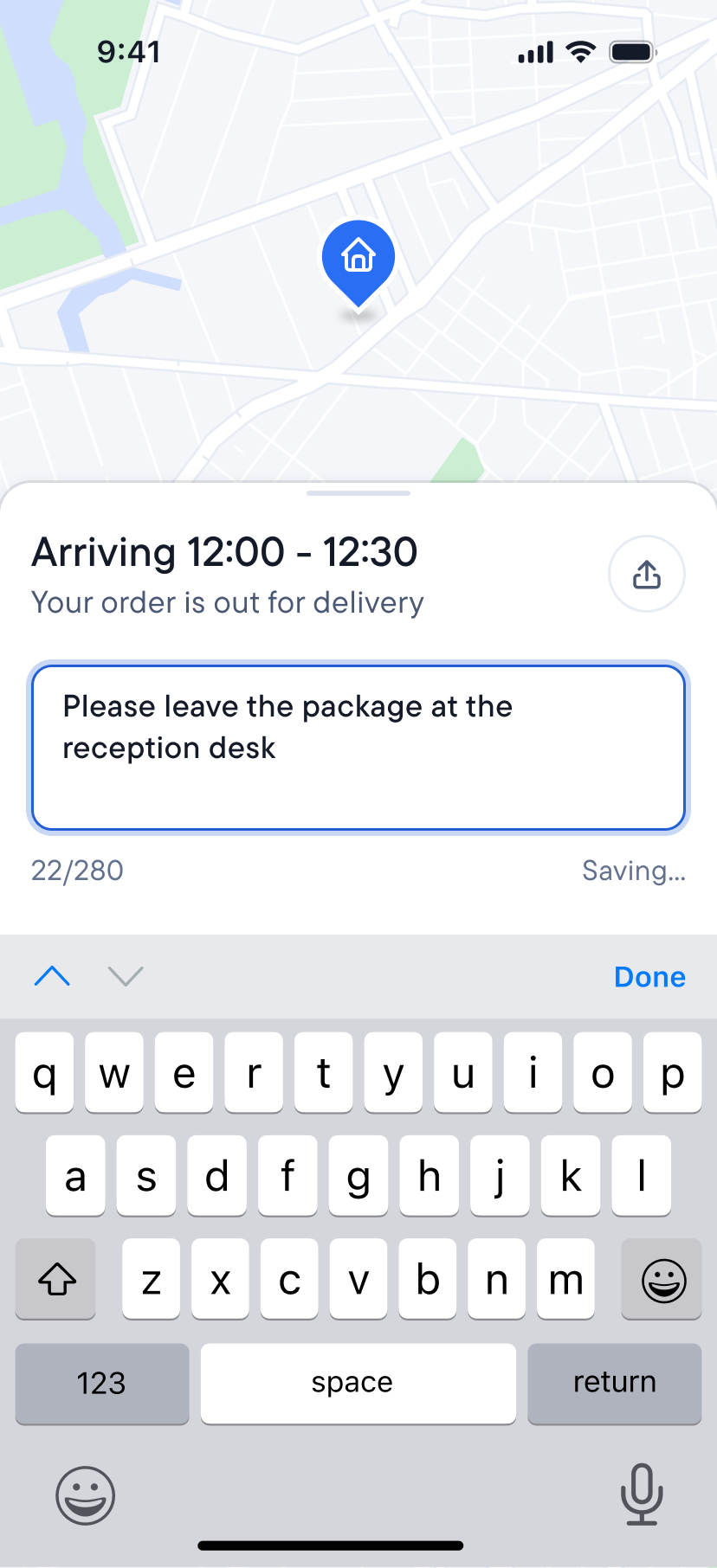 Spoke Route Planner screen showing a map, an order arriving 12:00-12:30, and a typed note for delivery: "Please leave the package at the reception desk."