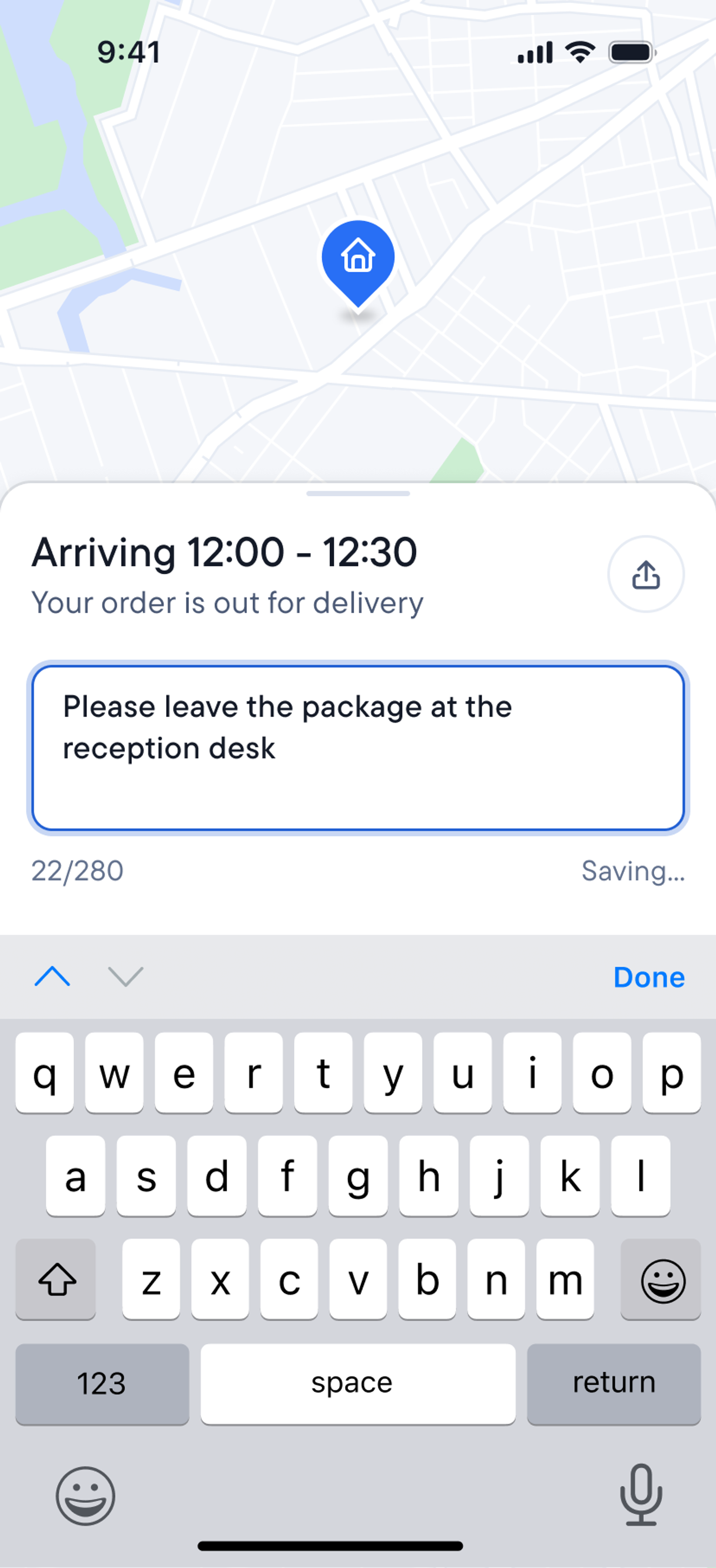 Spoke Route Planner screen showing a map, an order arriving 12:00-12:30, and a typed note for delivery: "Please leave the package at the reception desk."