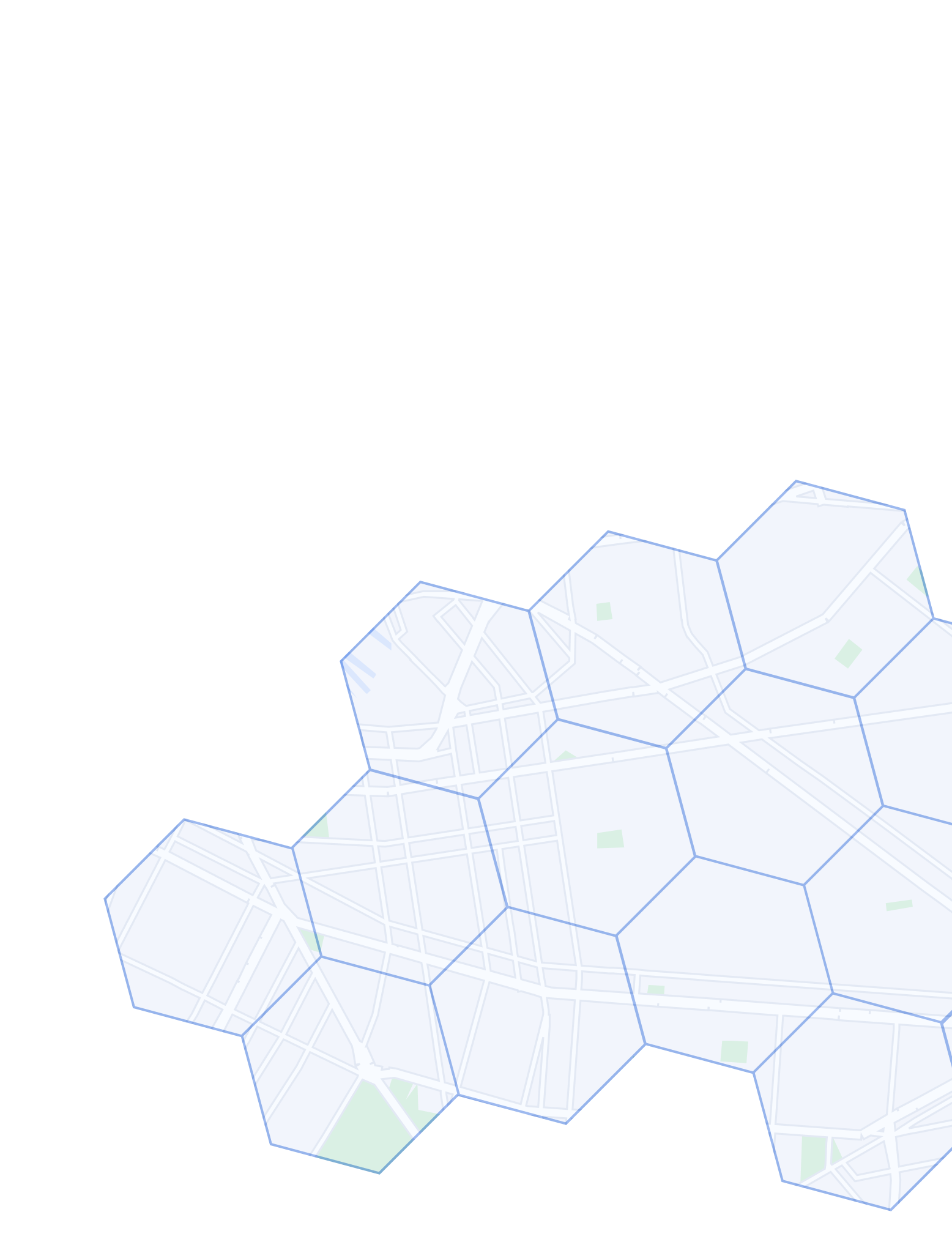 Hexagonal grid overlaying a faint map of streets and parks.