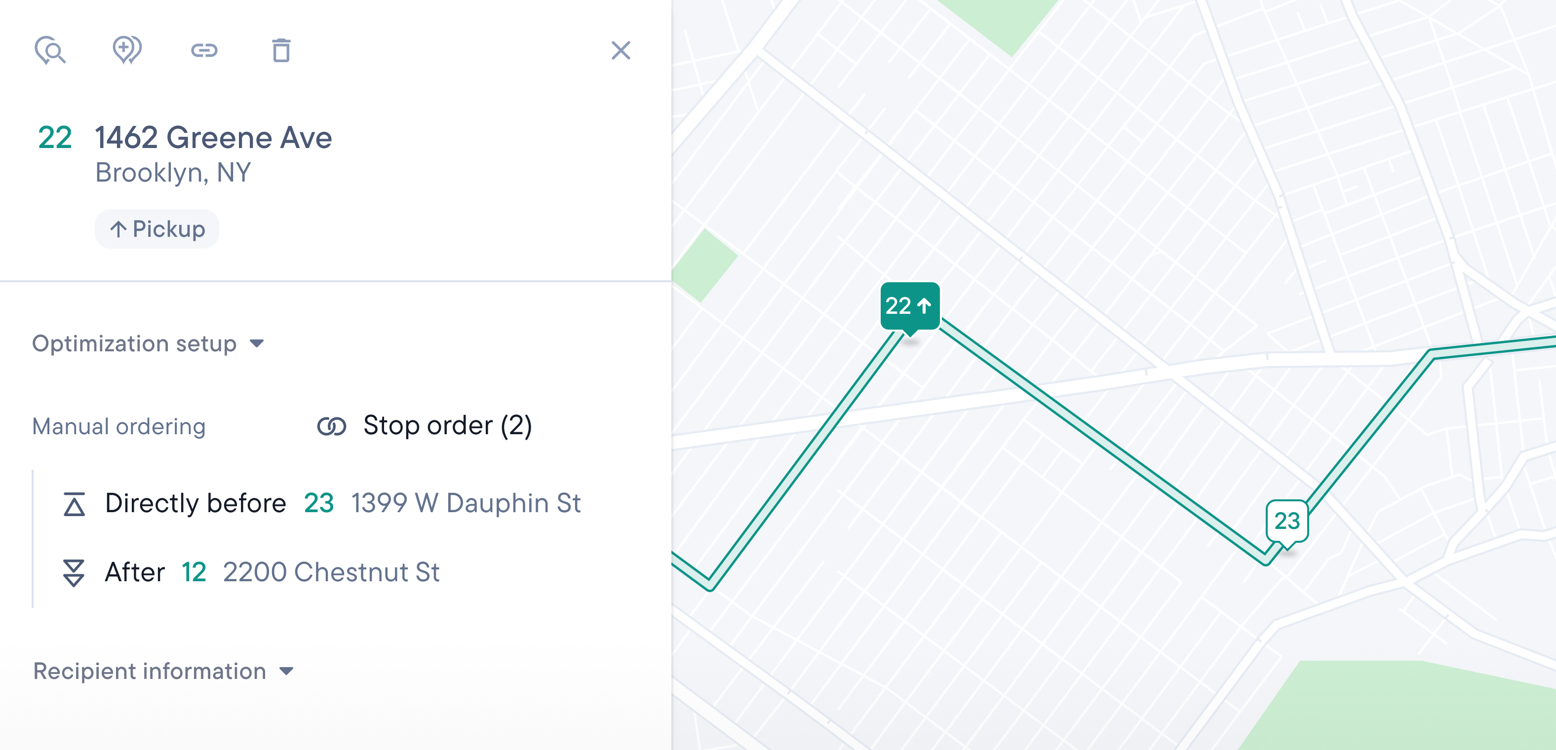 A route optimization interface with a map showing stops 22 and 23. A sidebar details stop 22 as a pickup, with manual ordering constraints placing it directly before stop 23 and after stop 12.