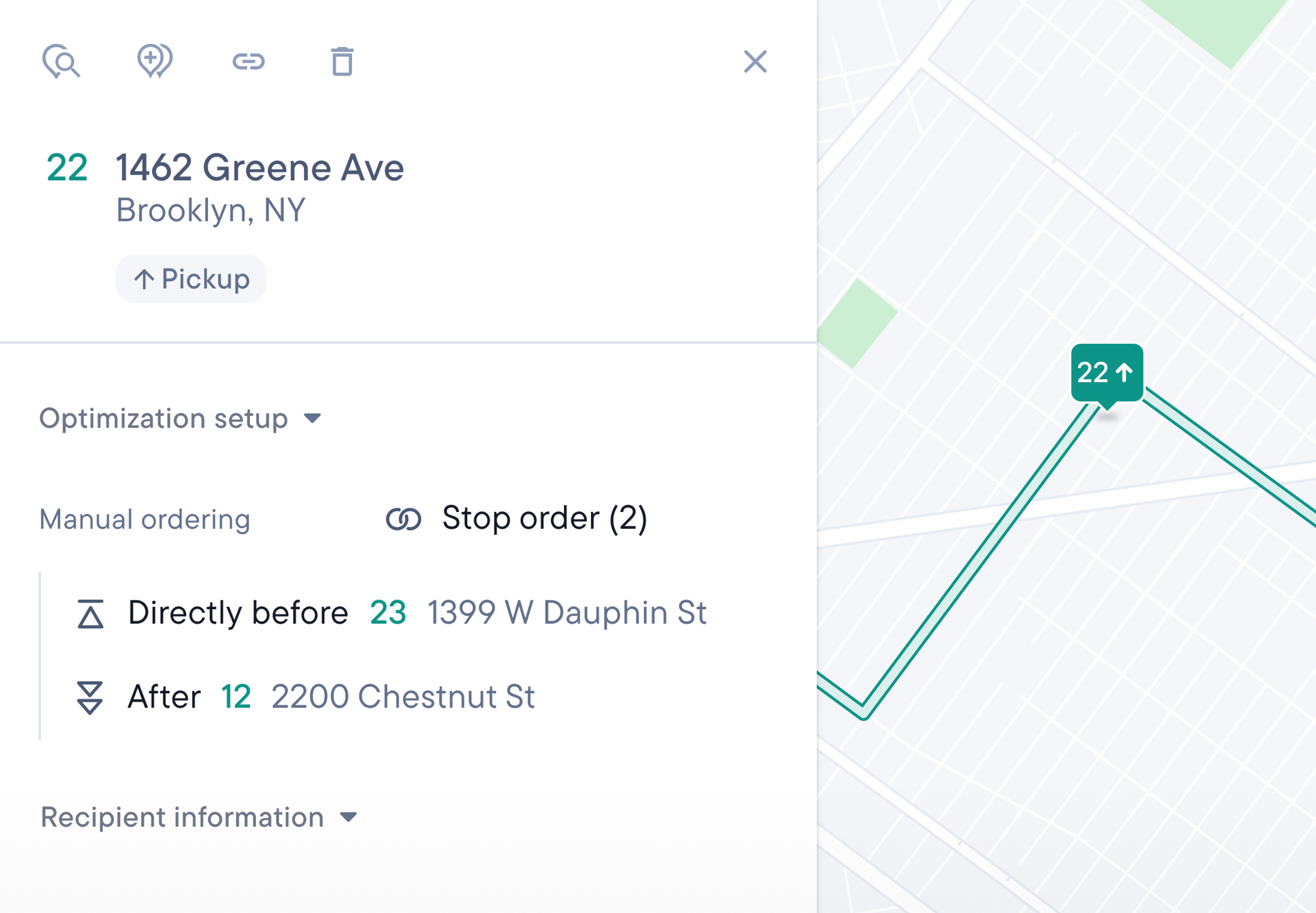 A route optimization interface with a map showing stops 22 and 23. A sidebar details stop 22 as a pickup, with manual ordering constraints placing it directly before stop 23 and after stop 12.