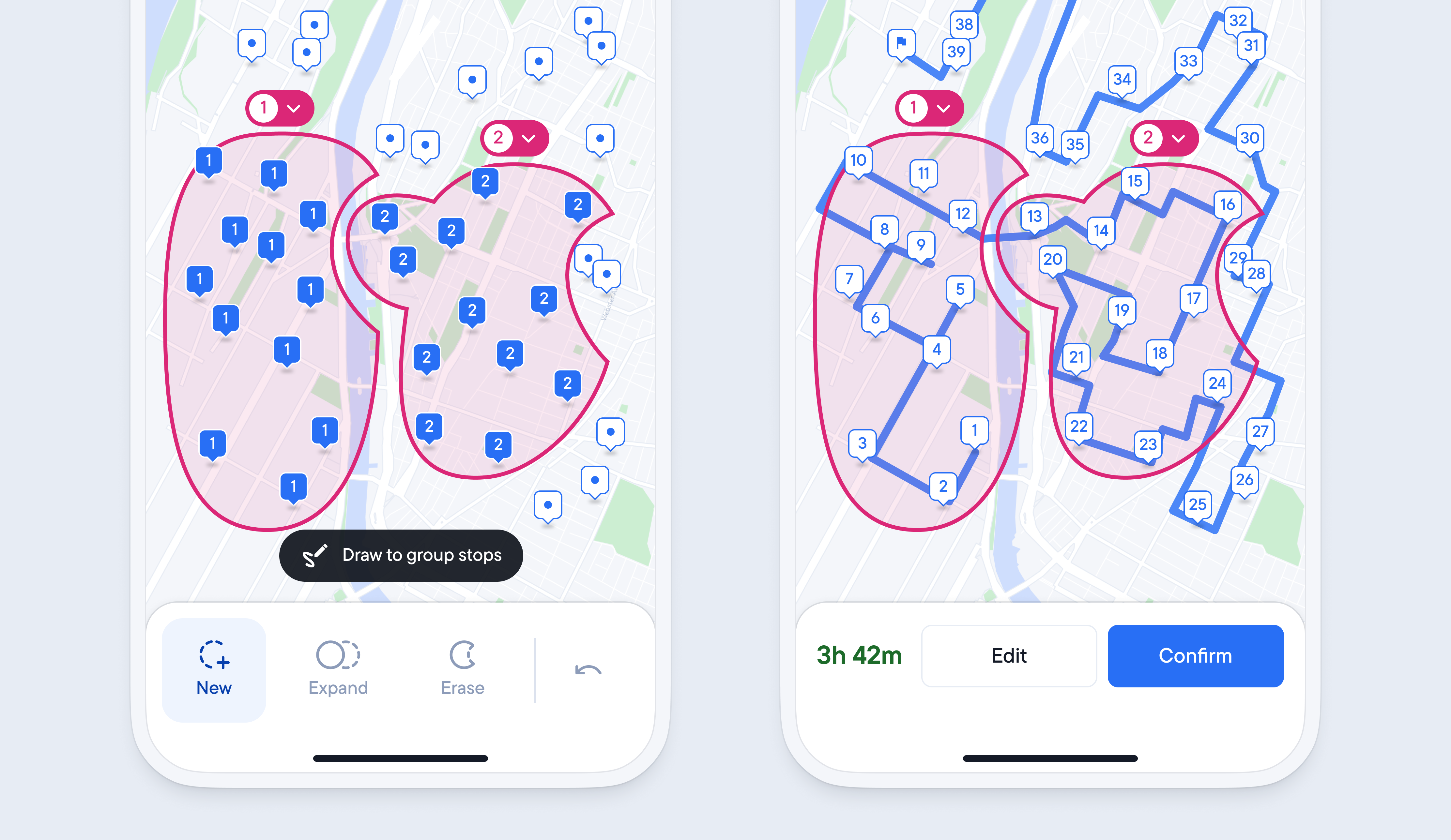 Mobile app showing route optimization. Left: map with stops grouped into two pink regions. Right: a numbered route connecting all stops across the map, with a 3h 42m total travel time.