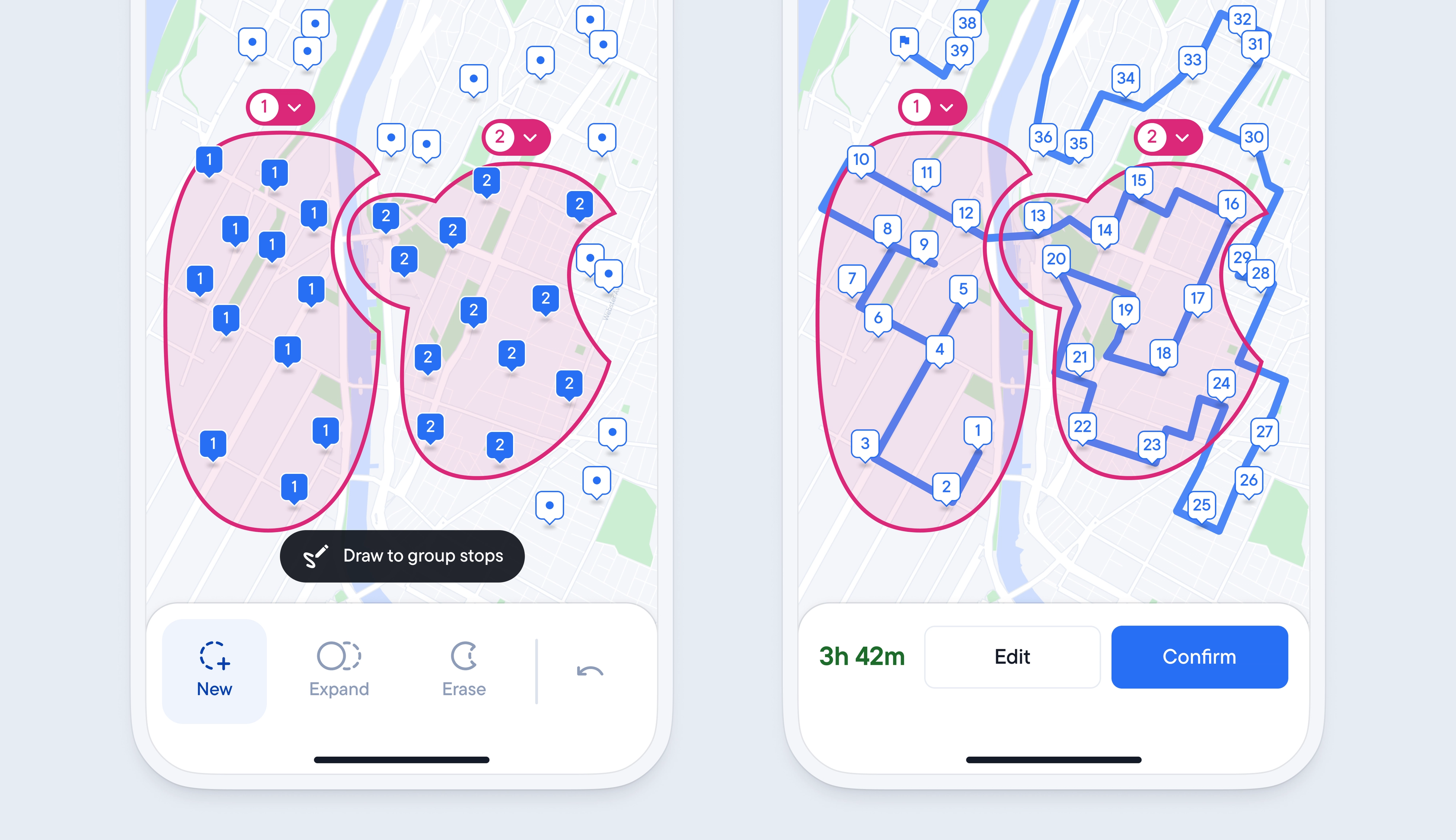 Mobile app showing route optimization. Left: map with stops grouped into two pink regions. Right: a numbered route connecting all stops across the map, with a 3h 42m total travel time.