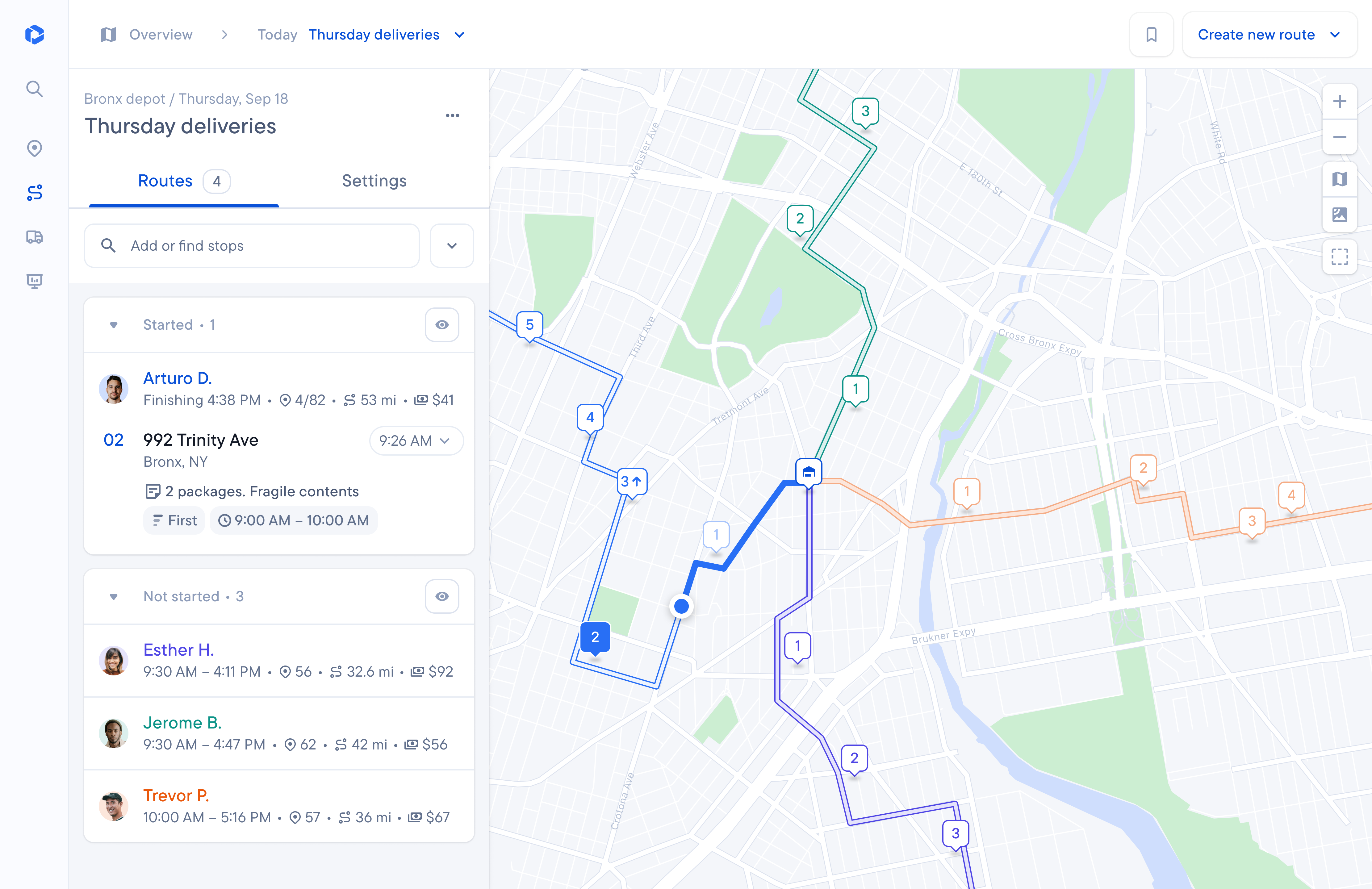 Delivery route management application showing a list of routes on the left and a map with corresponding colored paths and numbered stops on the right.