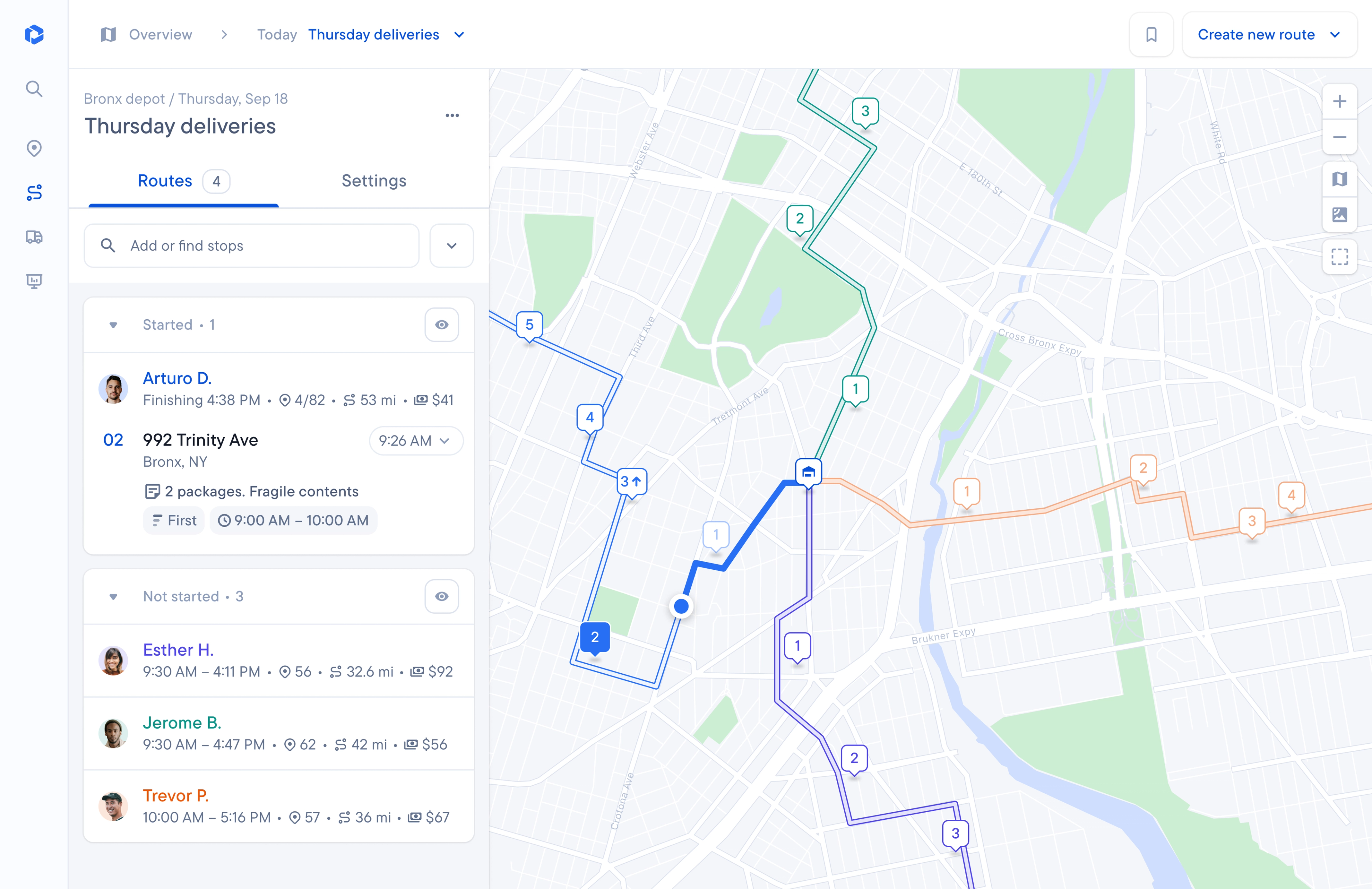 Delivery route management application showing a list of routes on the left and a map with corresponding colored paths and numbered stops on the right.