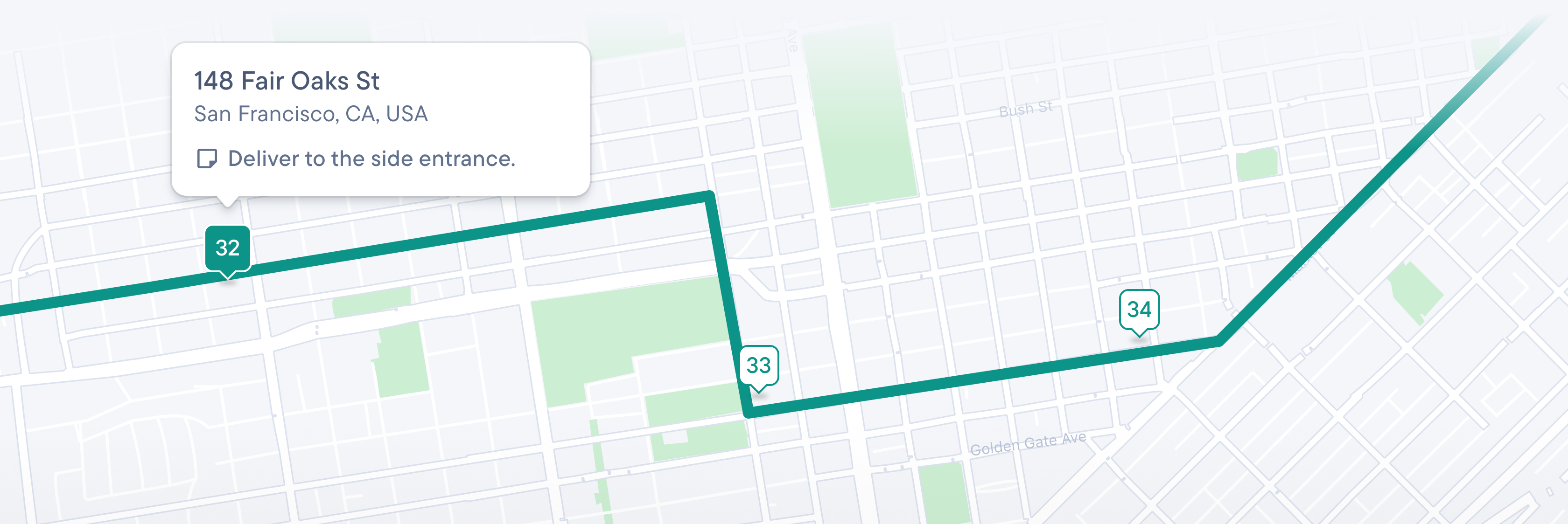 Map showing a delivery route with stops 32, 33, and 34. A pop-up displays details for stop 32: 148 Fair Oaks St, San Francisco, CA, USA, with a note to 'Deliver to the side entrance'.