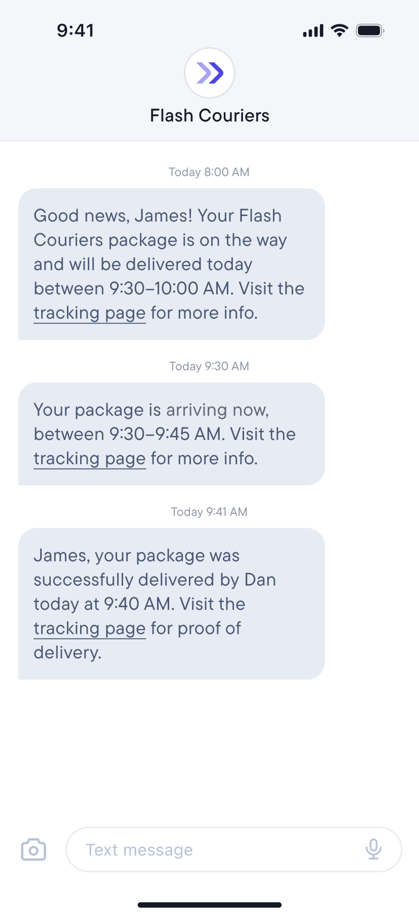 Text message conversation with "Flash Couriers", showing package delivery updates from "on the way" (8:00 AM) to "delivered" (9:40 AM).