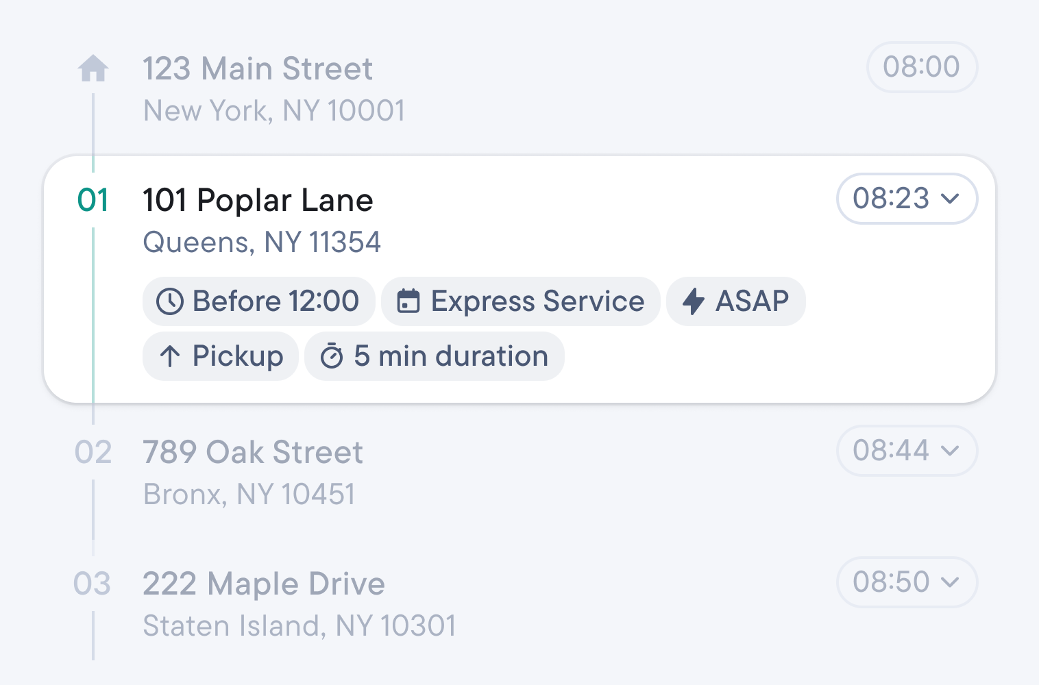 Stop list where a stop shows a time window, Express Service, pickup and ASAP tags