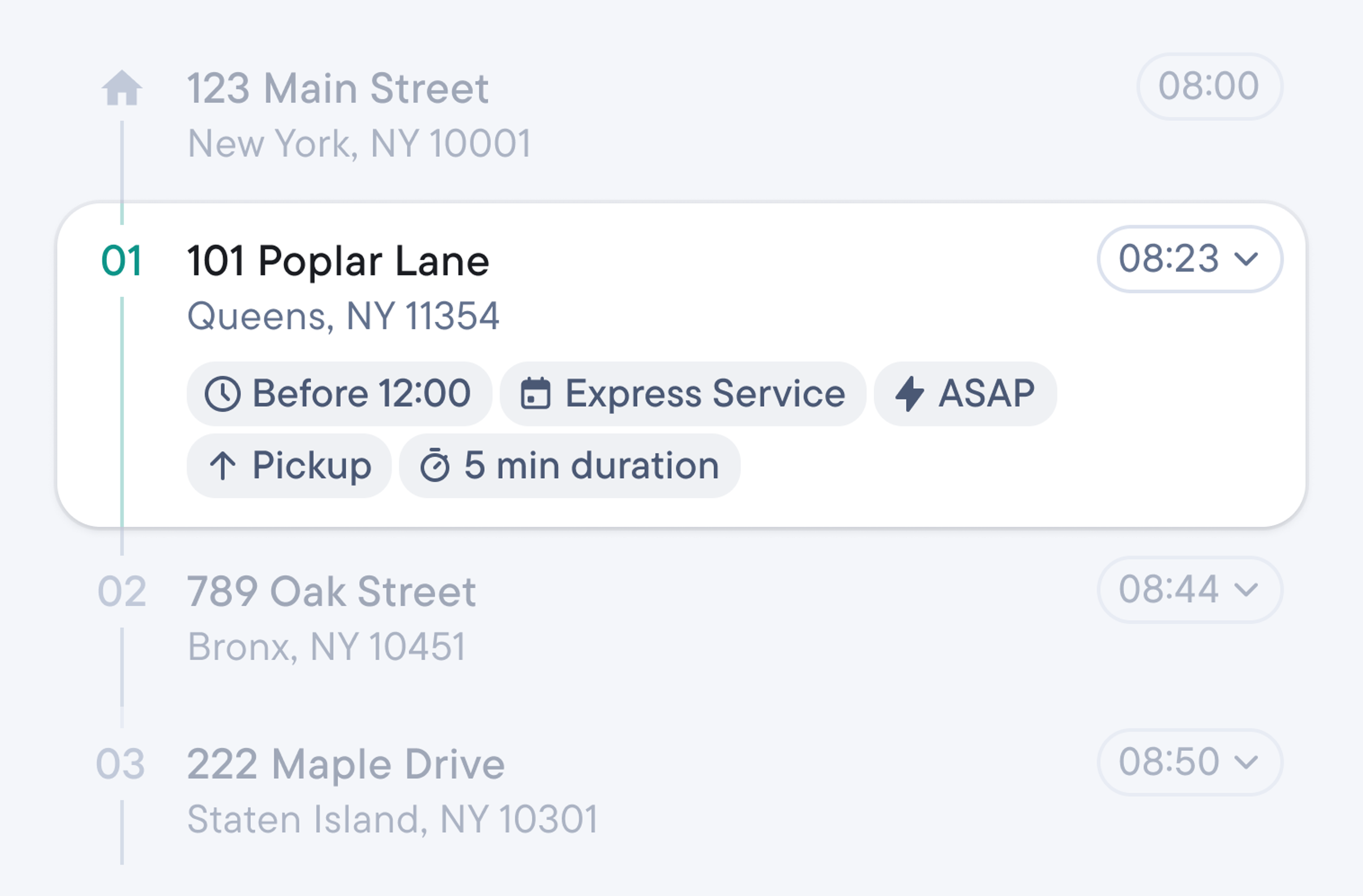 Stop list where a stop shows a time window, Express Service, pickup and ASAP tags