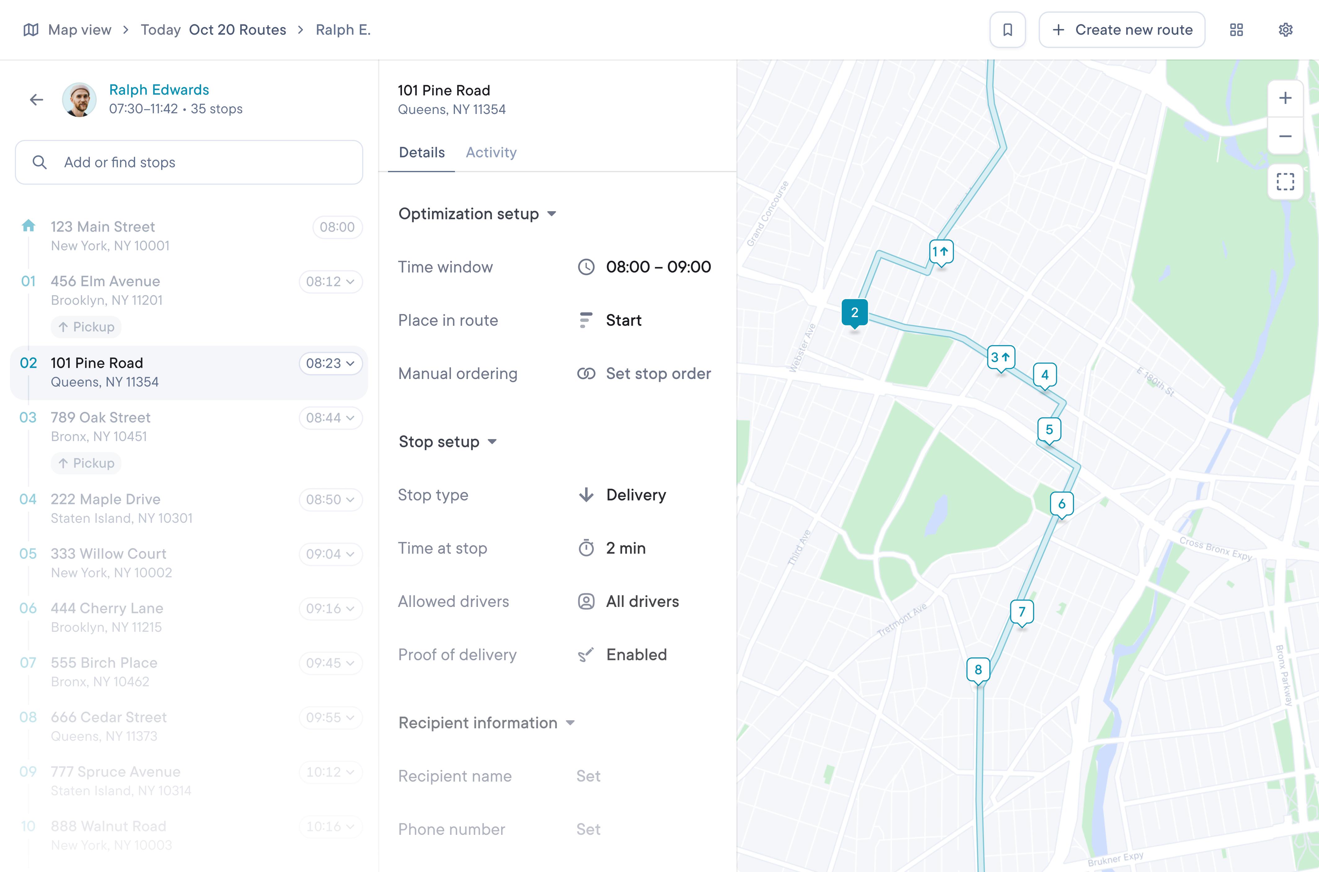 Spoke Dispatch stop setup with time window, place in route and manual stop order