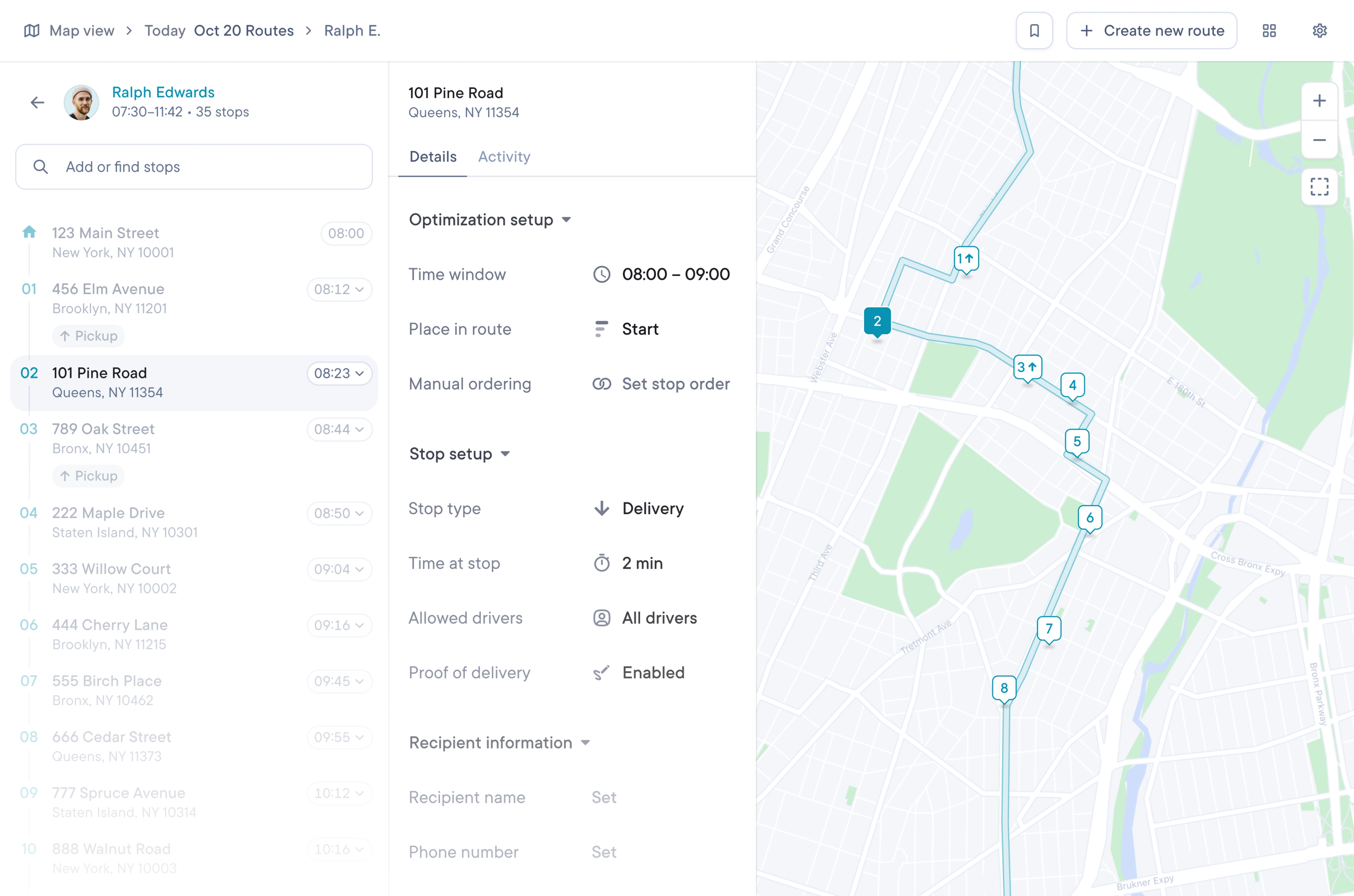 Spoke Dispatch stop setup with time window, place in route and manual stop order
