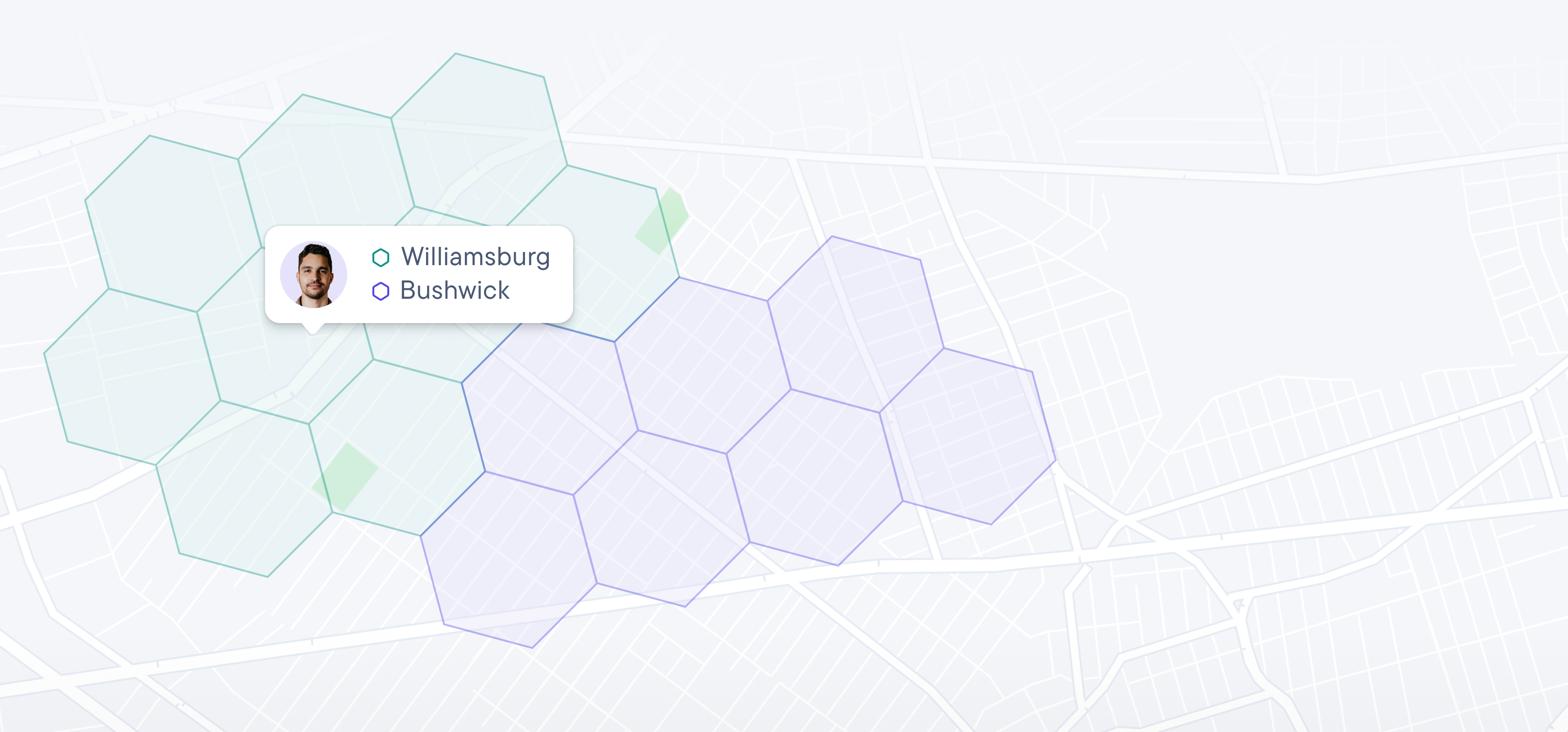 Map visualization using hexagonal zones showing driver territory assignments, highlighting a driver covering Williamsburg and Bushwick regions.