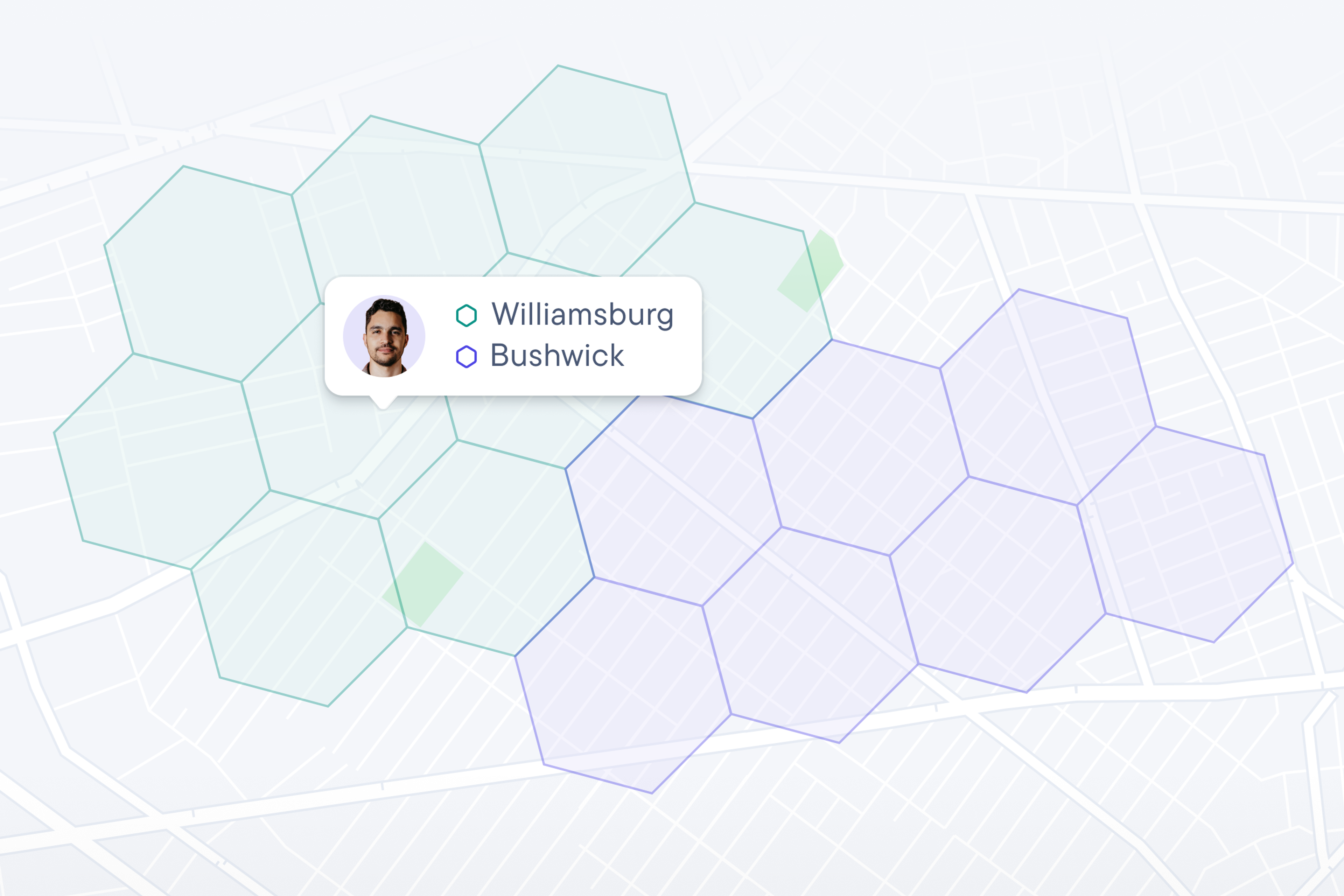 Map visualization using hexagonal zones showing driver territory assignments, highlighting a driver covering Williamsburg and Bushwick regions.