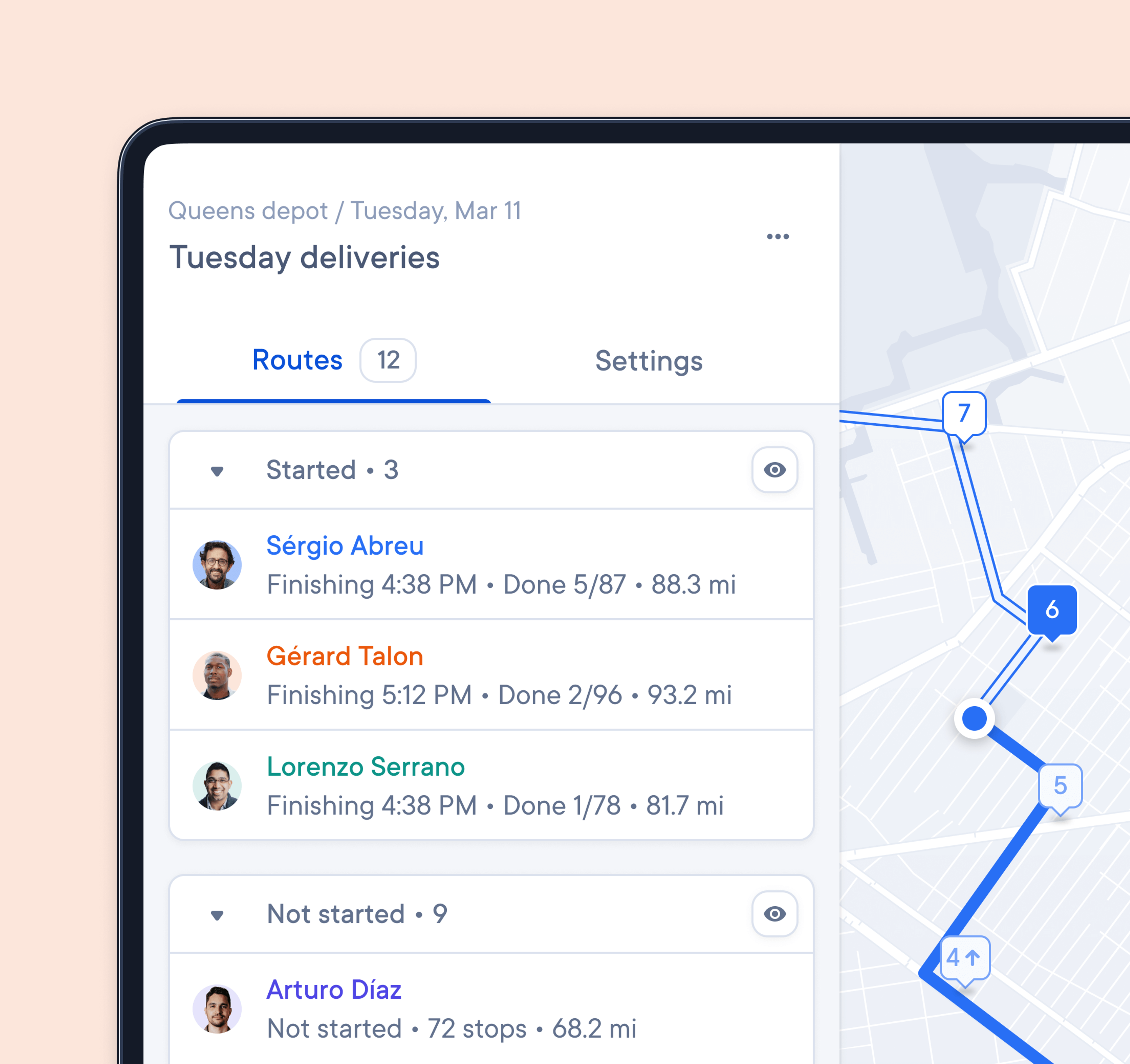 Route management interface showing 12 Tuesday delivery routes, with three routes in progress and nine not started. Map displays color-coded paths and real-time progress for each driver