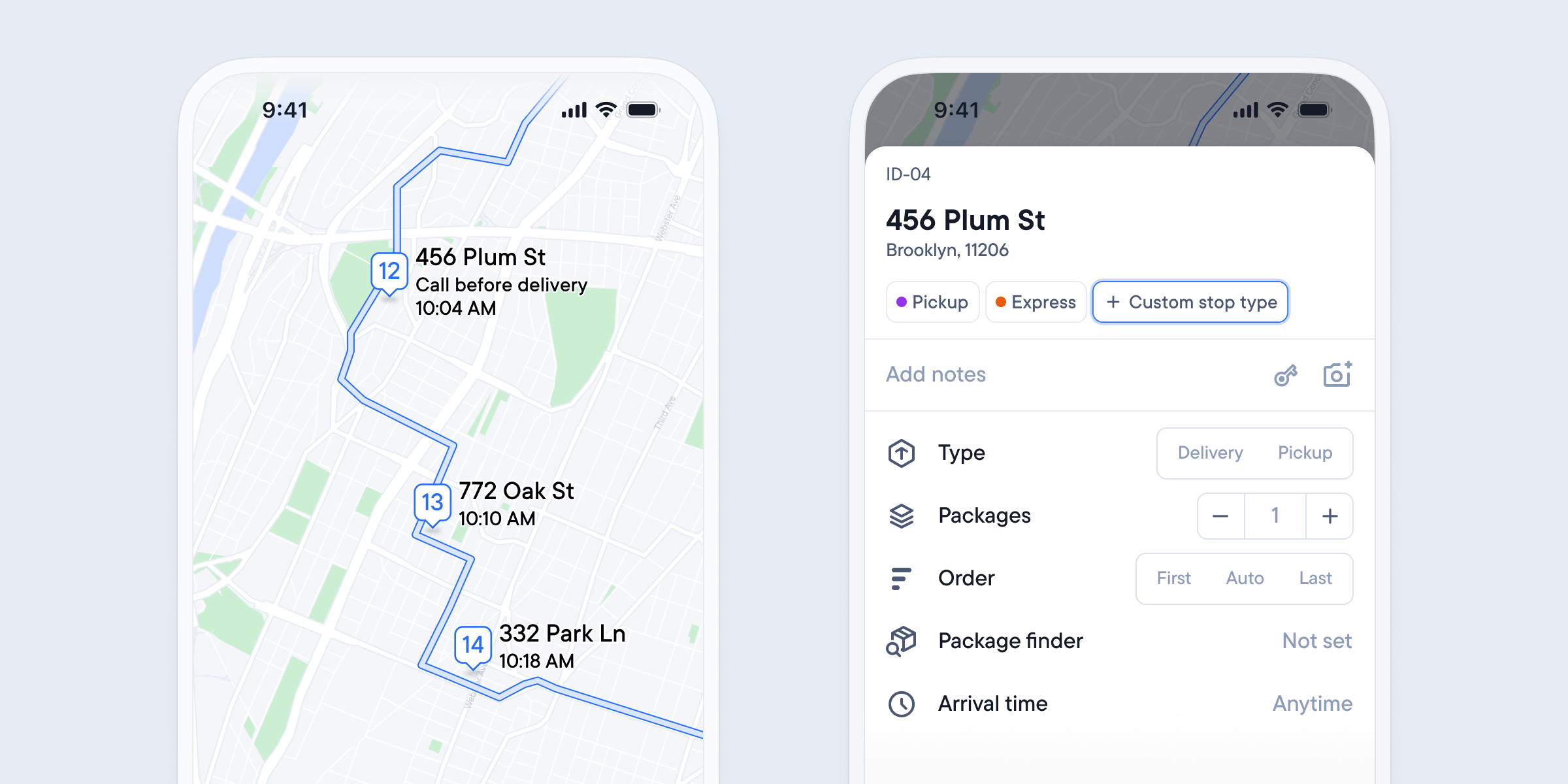 A delivery app interface showing a route map with multiple stops and detailed information for one a