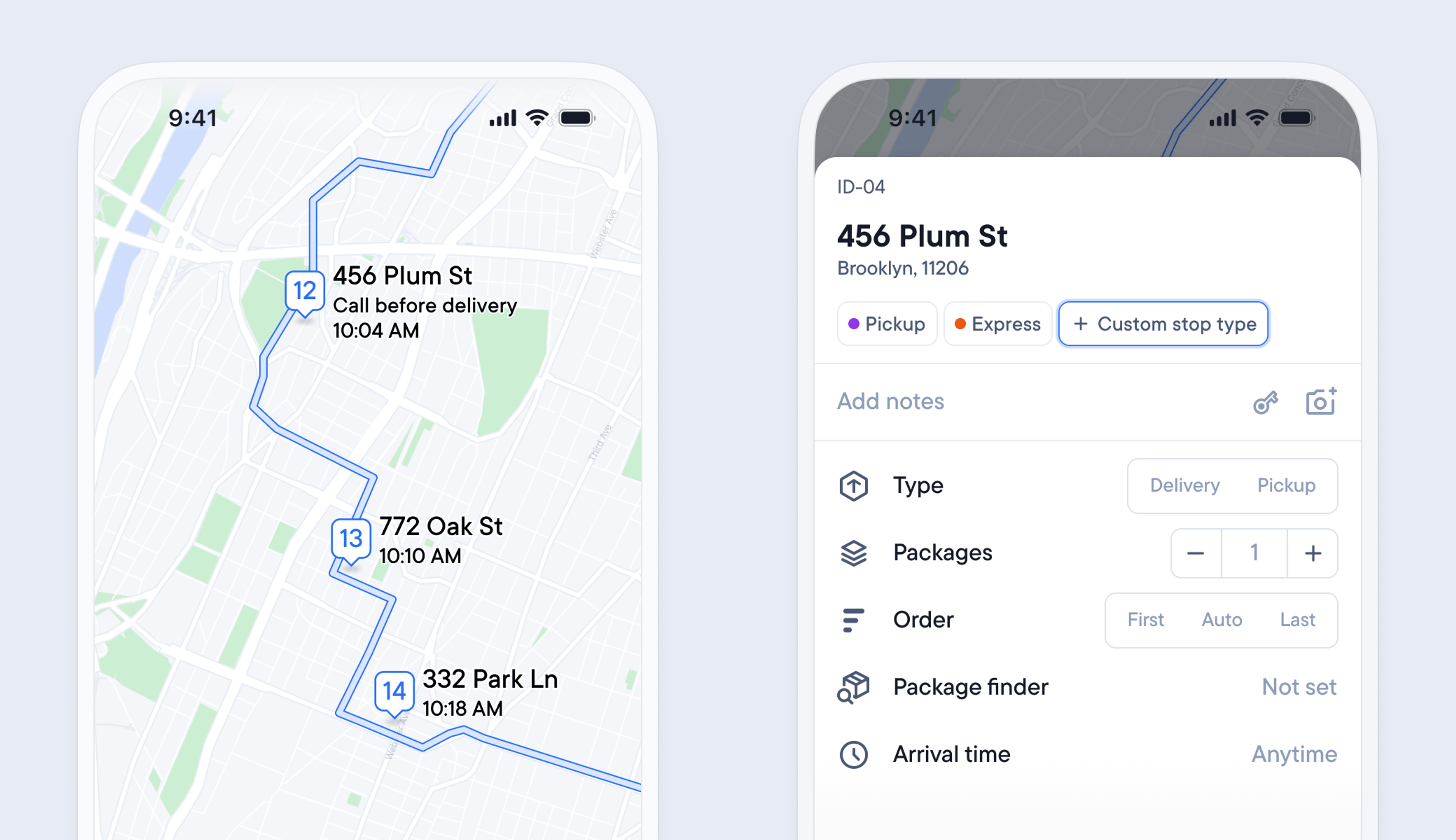 A delivery app interface showing a route map with multiple stops and detailed information for one a