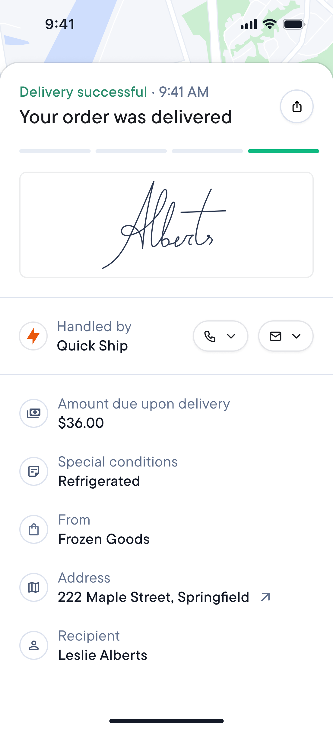 Package tracking screen showing a "Delivery was successful!" notification, delivery details, and a signature reading "Alberts."