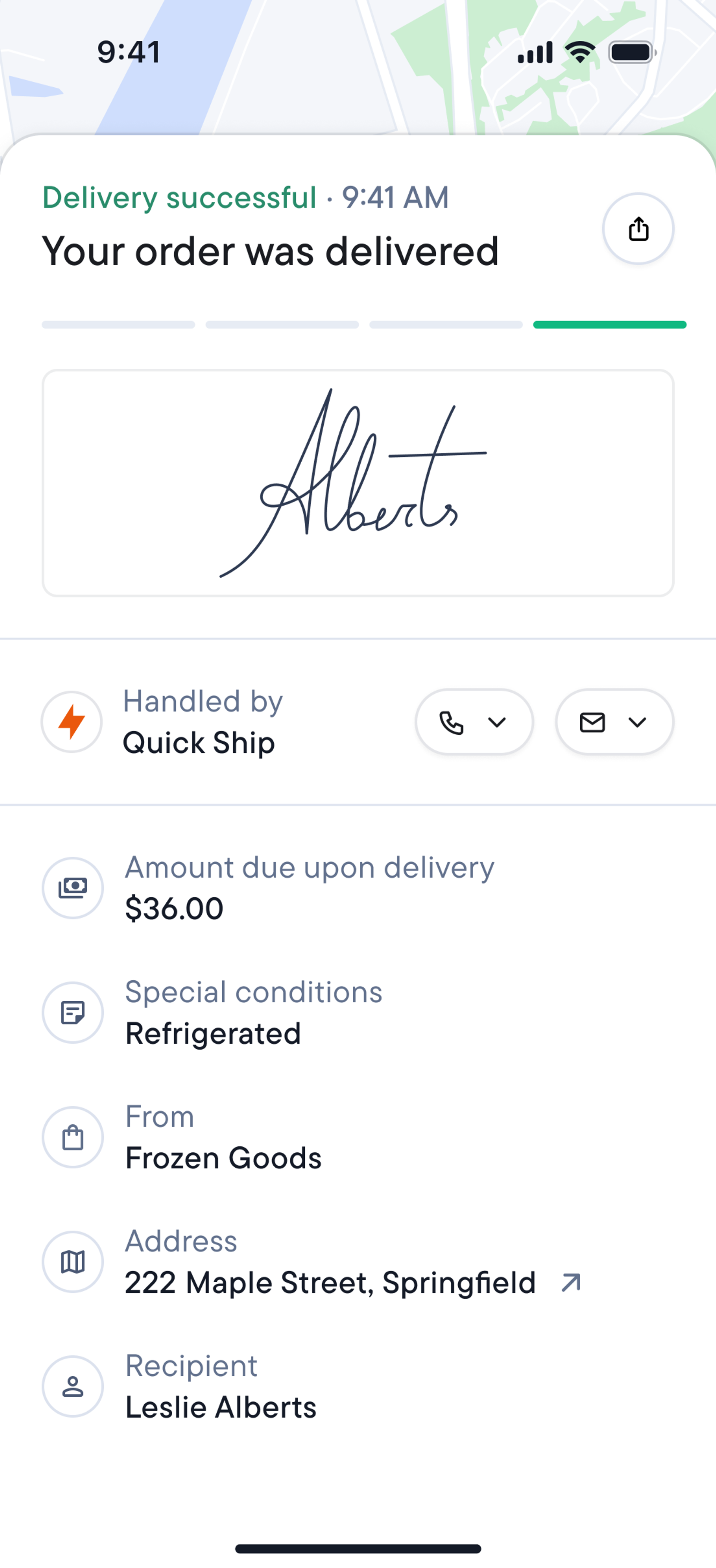 Package tracking screen showing a "Delivery was successful!" notification, delivery details, and a signature reading "Alberts."