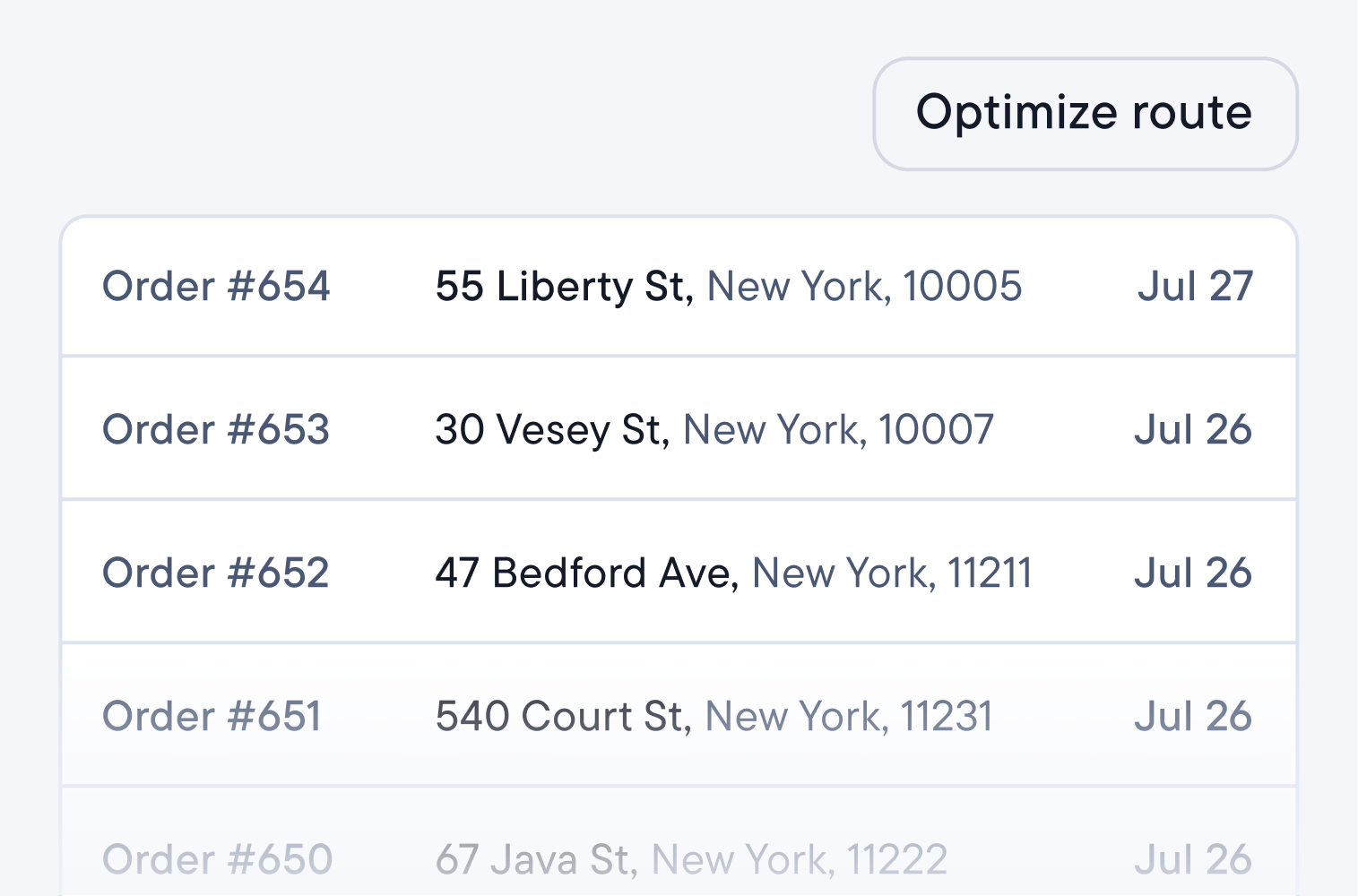List of orders with an Optimize route button