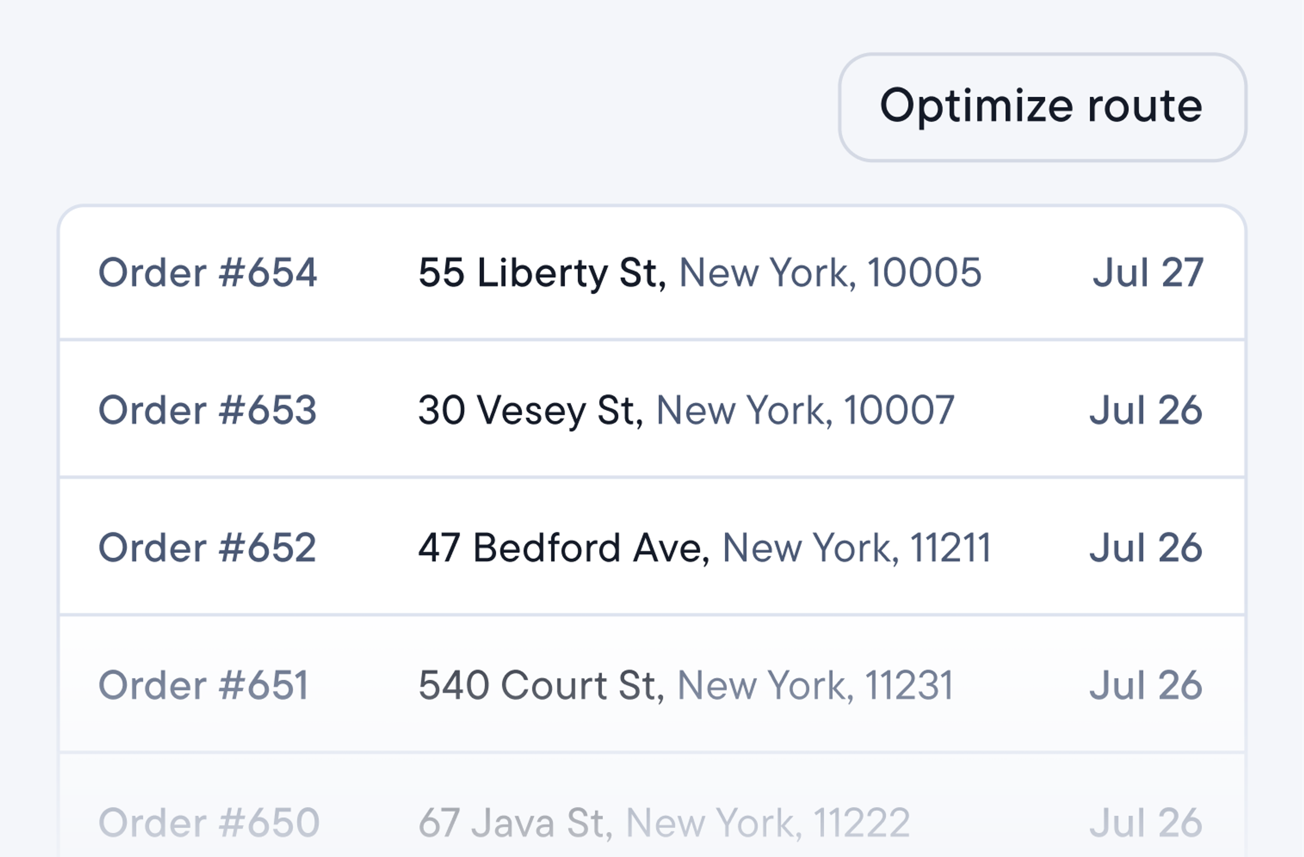 List of orders with an Optimize route button