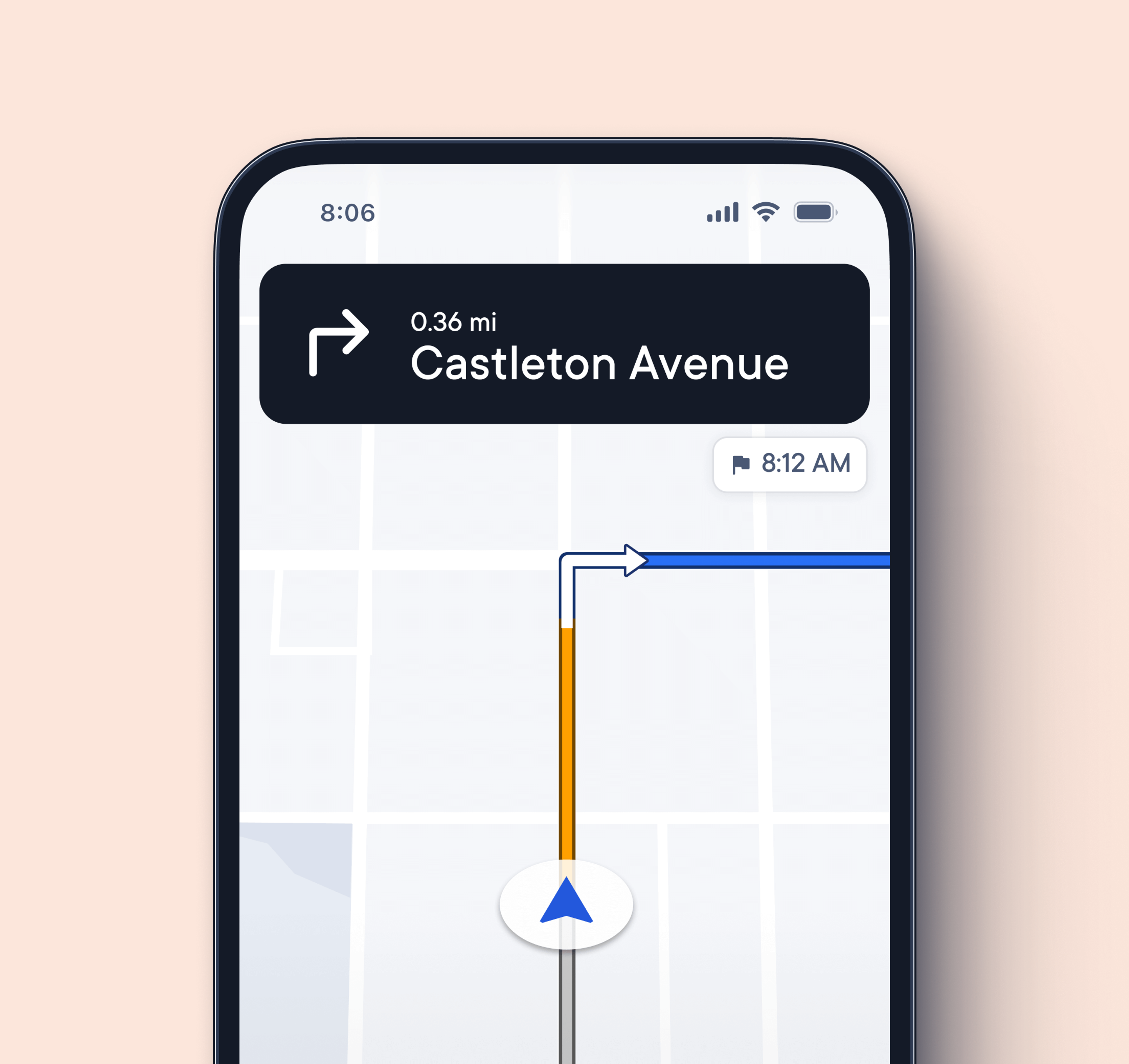 Smartphone displaying turn-by-turn navigation with a route to Castleton Avenue, showing a right turn in 0.36 miles and estimated arrival time of 8:12 AM.