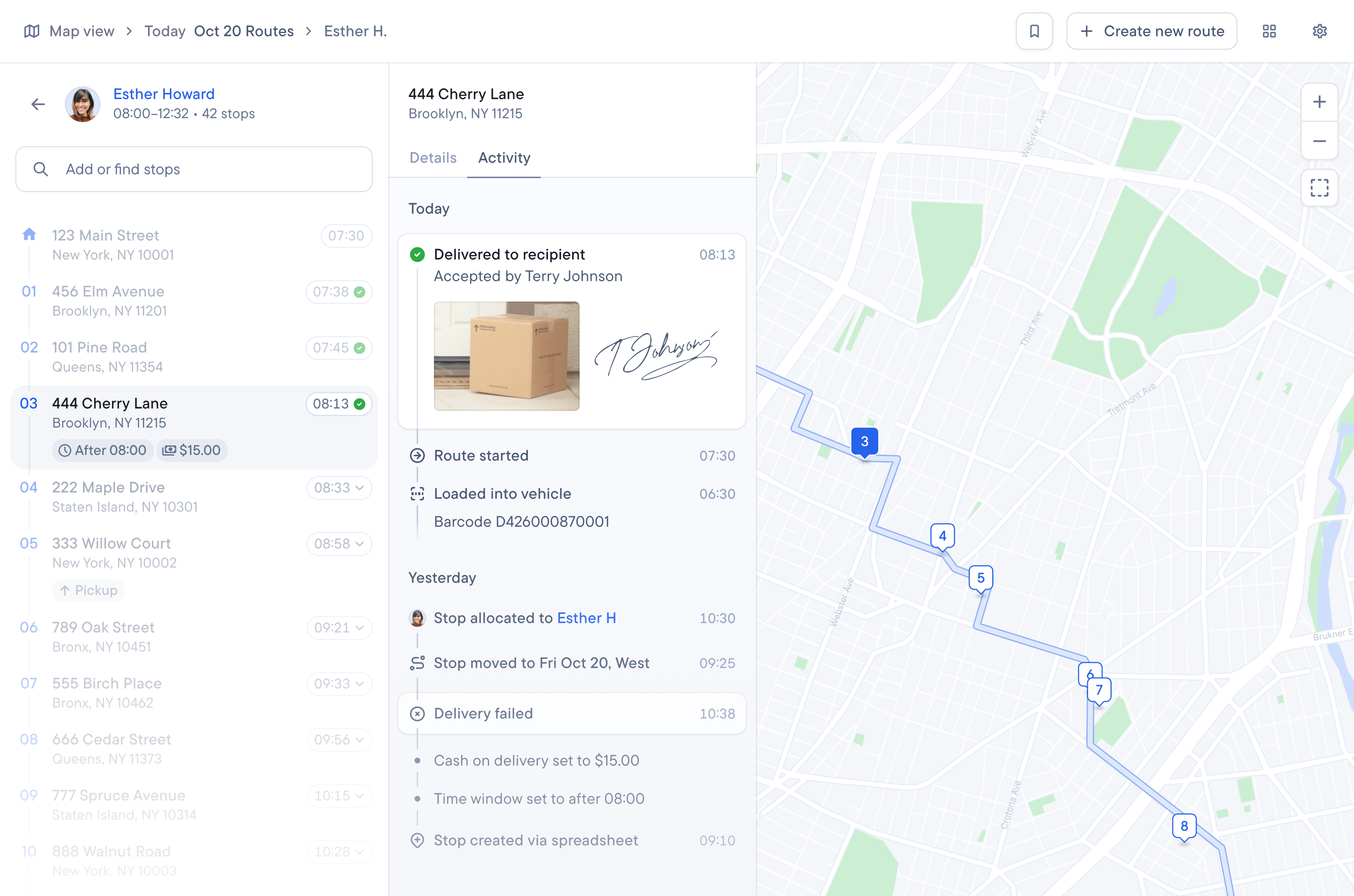 Dispatch showing a route, a list of stops, and delivery confirmation for a package with a photo and signature.