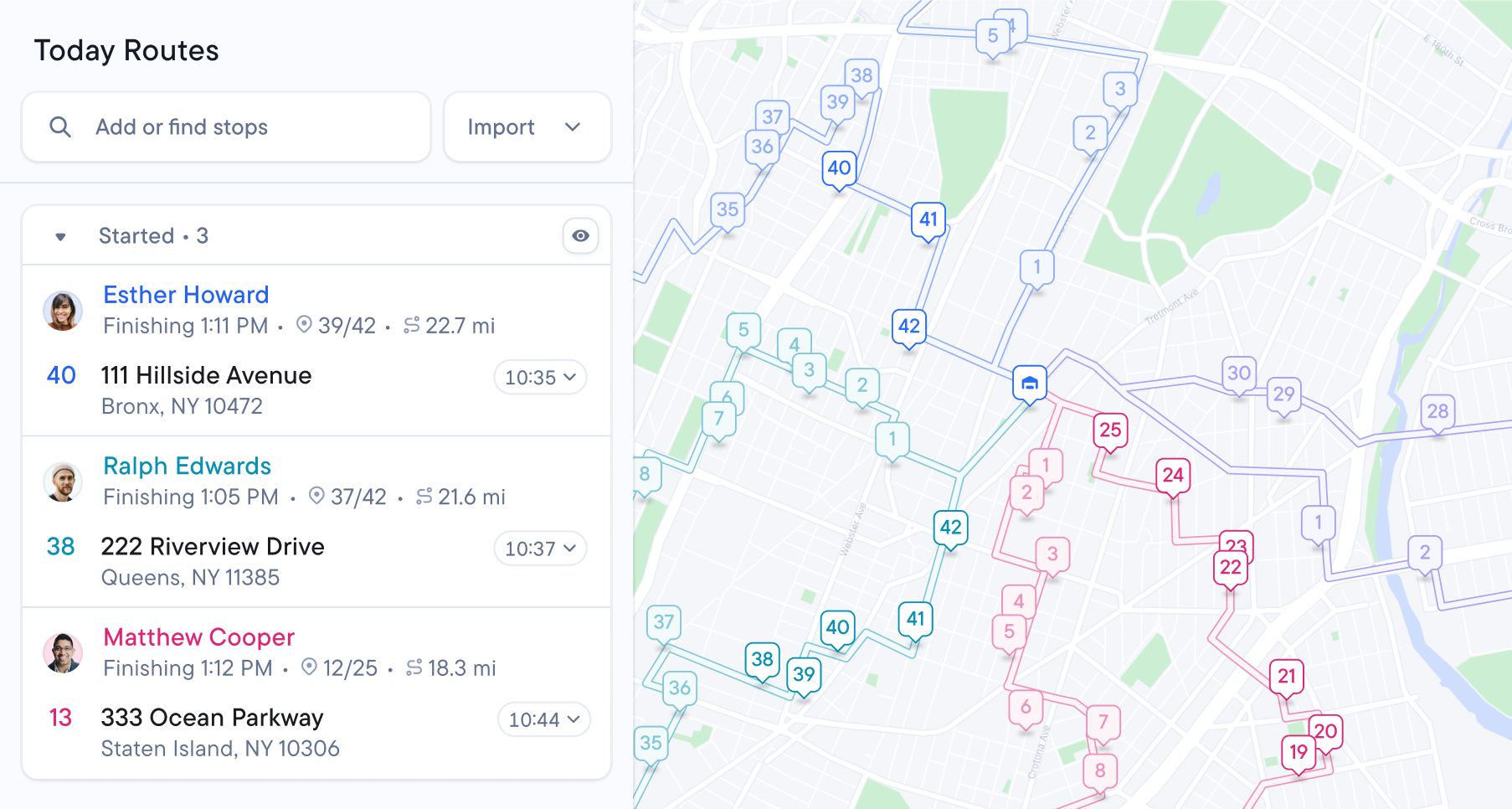 Spoke Dispatch showing a list of delivery drivers with route details on the left, and corresponding colored routes with numbered stops on a city map on the right.