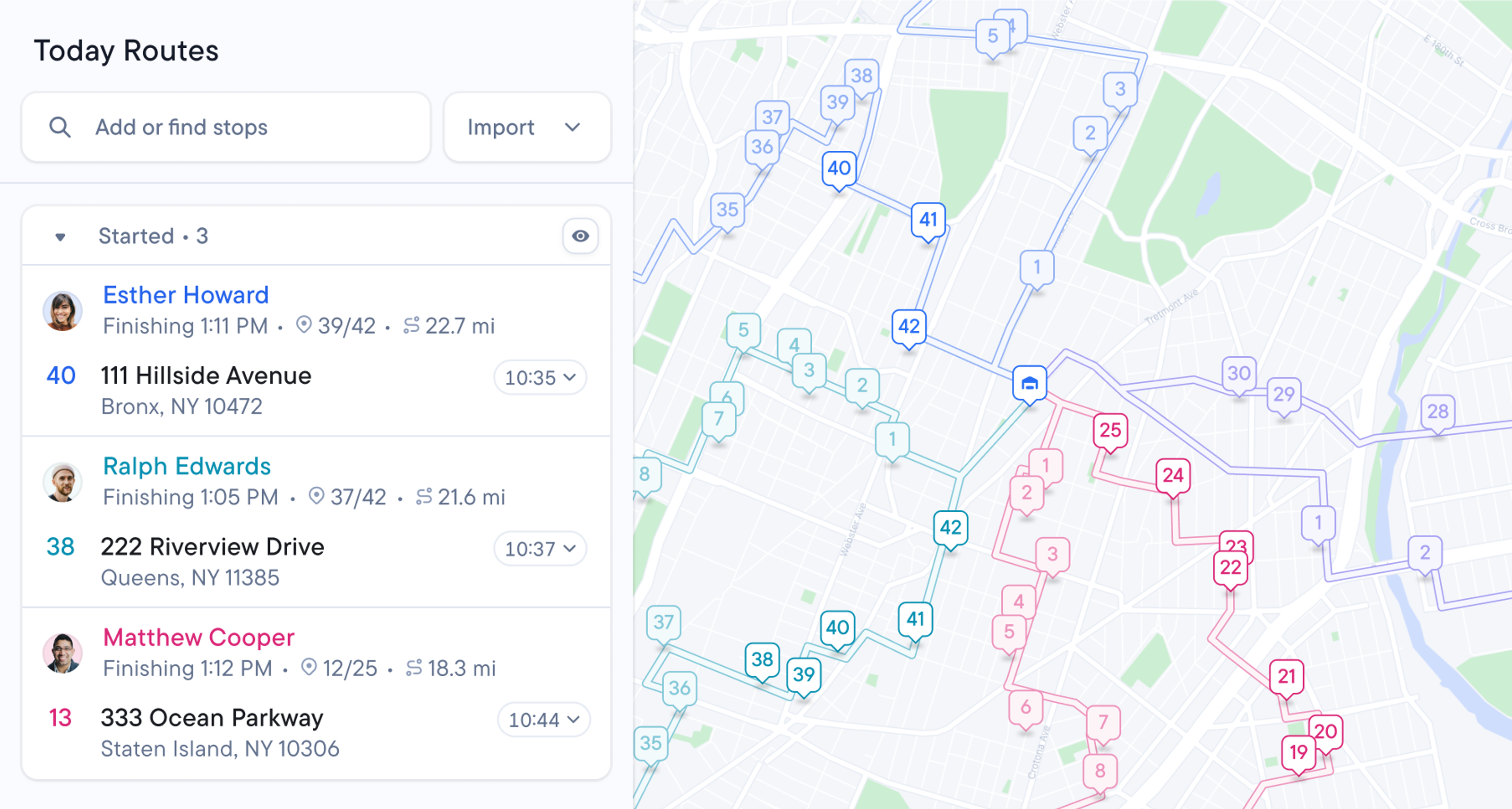 Spoke Dispatch showing a list of delivery drivers with route details on the left, and corresponding colored routes with numbered stops on a city map on the right.