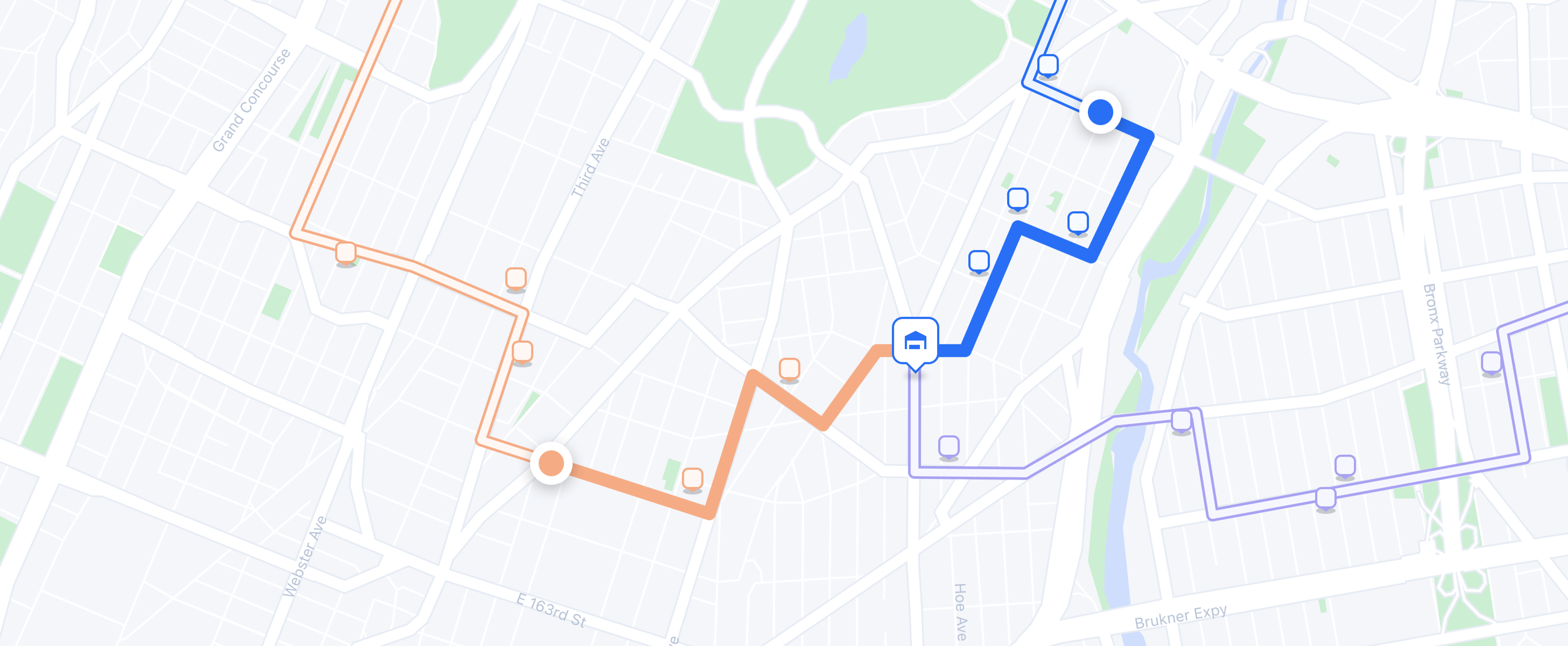 Map view of delivery routes in the Bronx, New York, showing three distinct paths in orange, blue, and purple. Each route includes multiple delivery stops marked with squares and circles, with a central depot icon where routes converge.