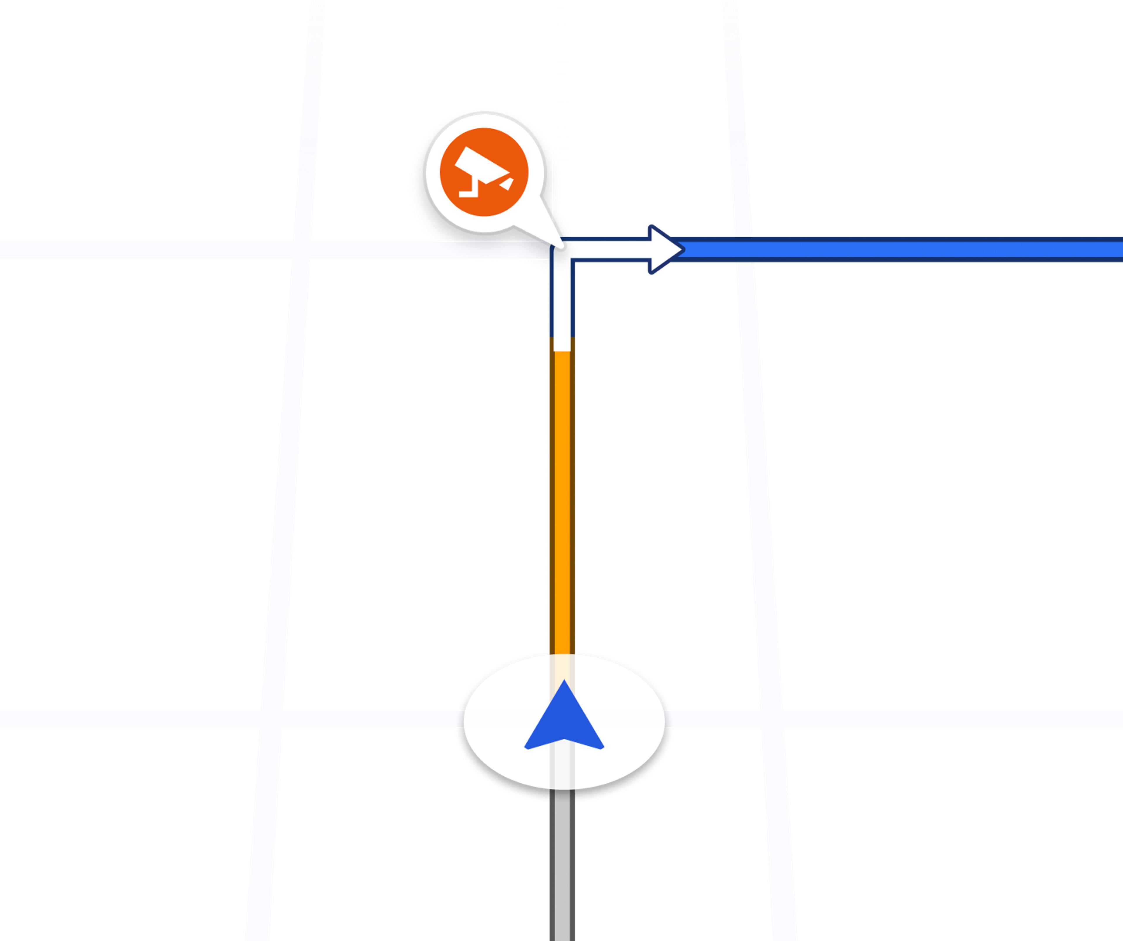 Navigation interface on a black grid map showing a turn with an orange warning icon for a camera and a highlighted path direction
