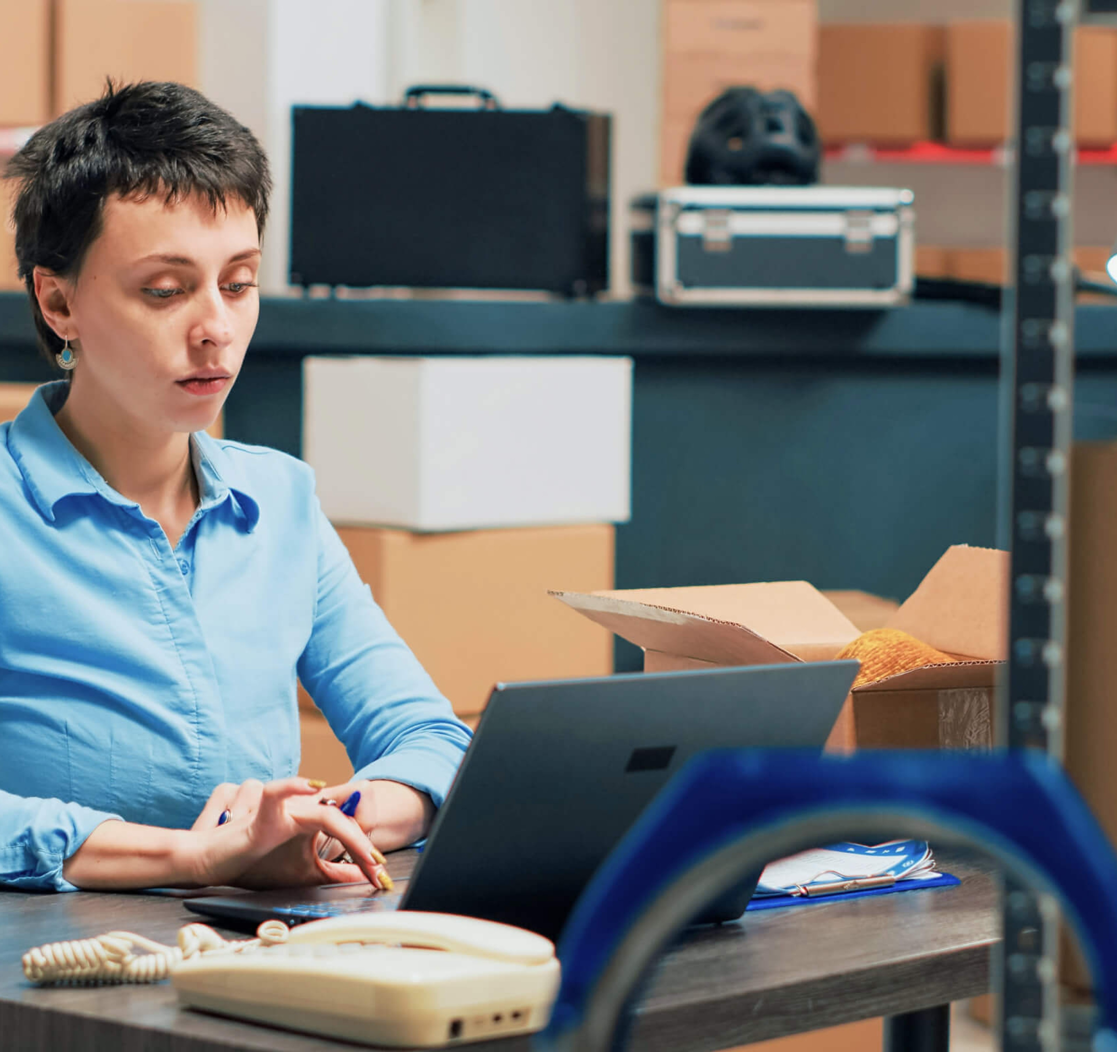 Dispatcher working on a laptop in a warehouse environment, surrounded by boxes and packing materials, coordinating deliveries or route changes.